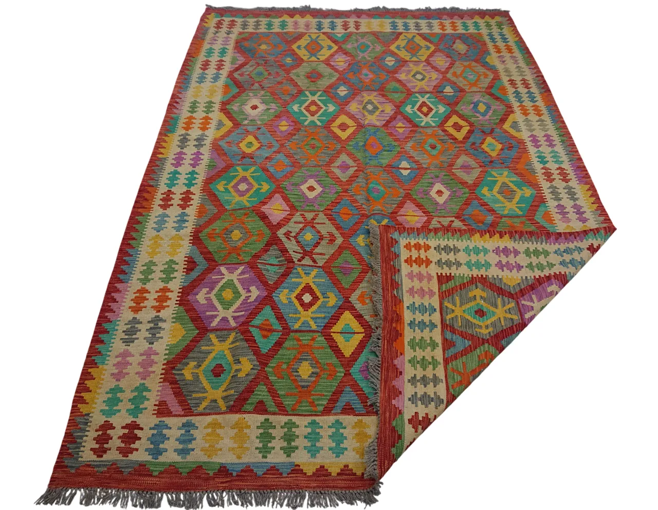 Handgeweven Kilim Flatweave Kleurrijk Boho Geometrisch Vloerkleed photo vinterior