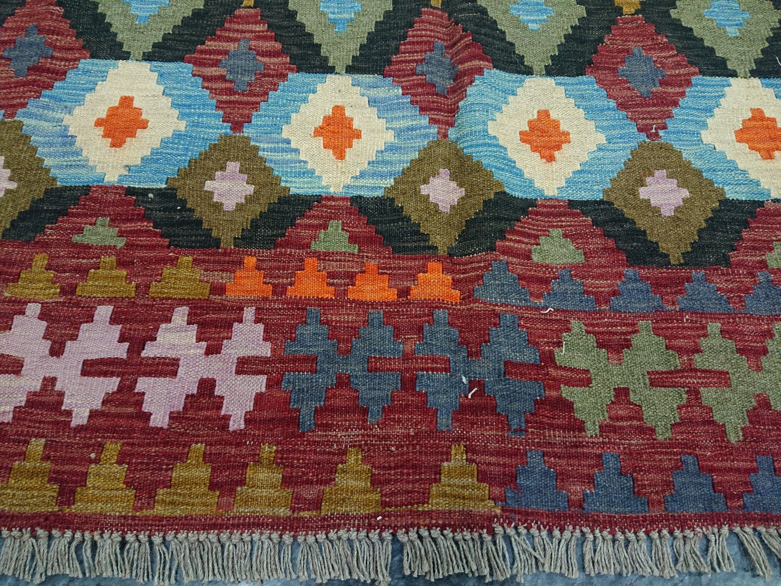 Handwoven Afghan Kilim Flatweave Multicolor Geometric Rug photo furniture