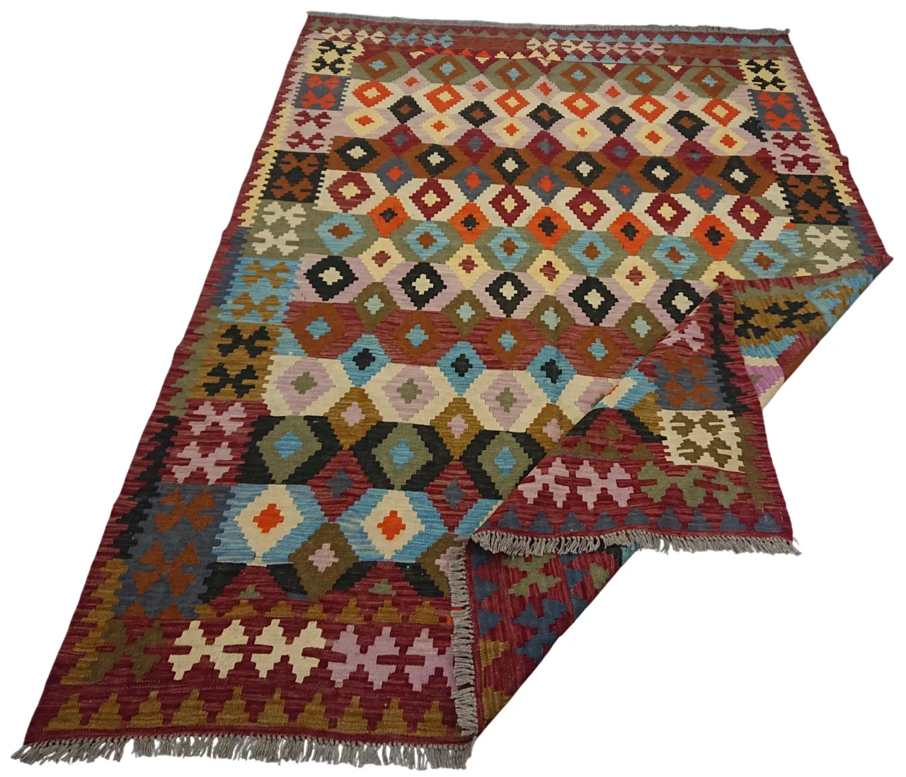 Handwoven Afghan Kilim Flatweave Multicolor Geometric Rug photo 612.0