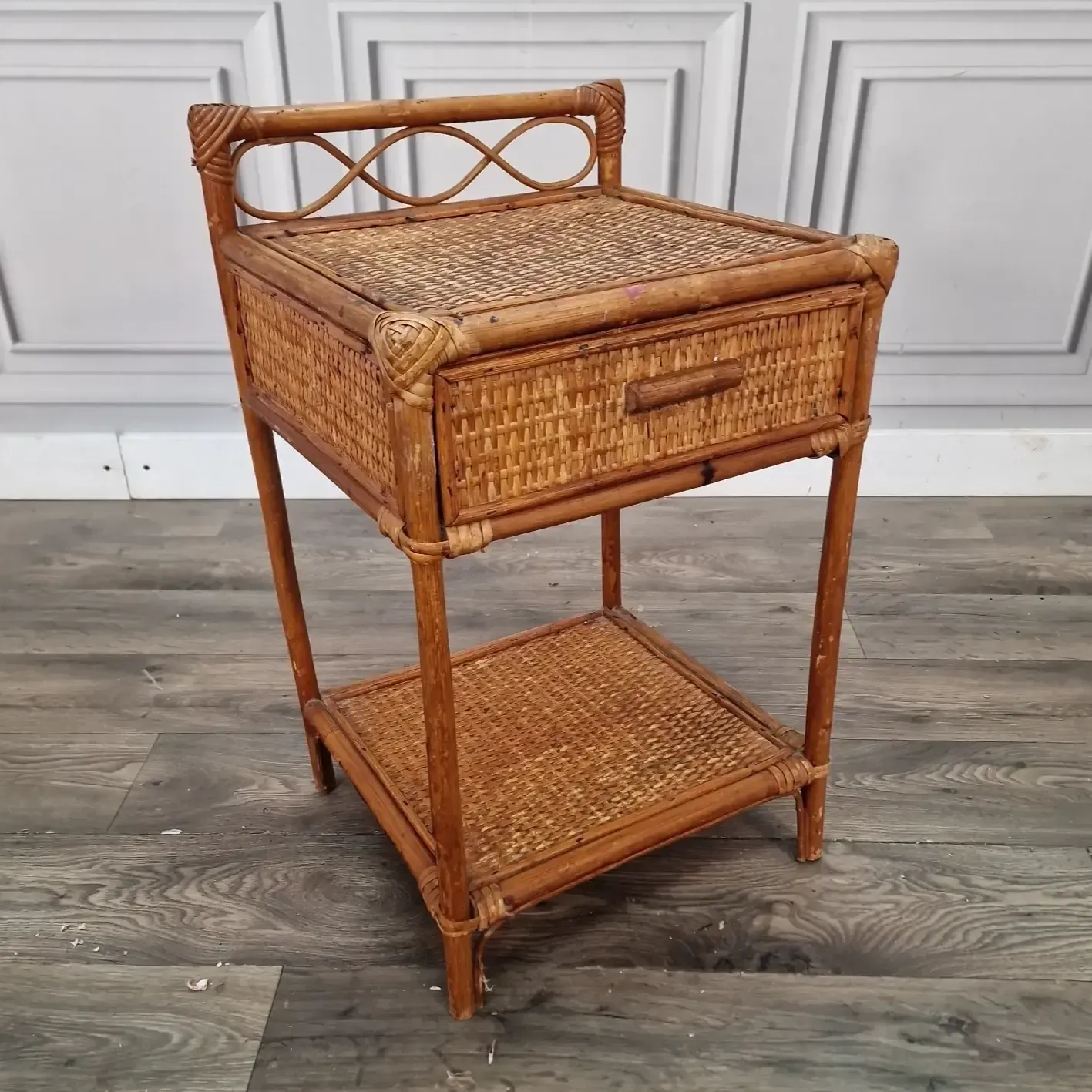 Vintage Wicker Bedside Table Cabinet Rattan Side Stand With Drawer  Retro Boho
