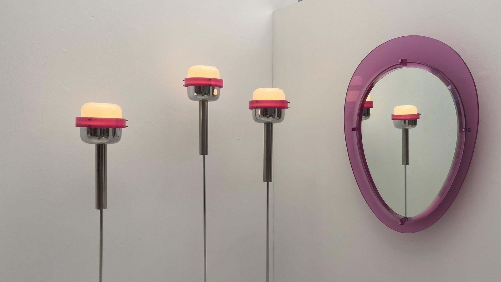 Triplet Of Stilnovo Floor Lamps In Magenta Plexiglass photo for sale