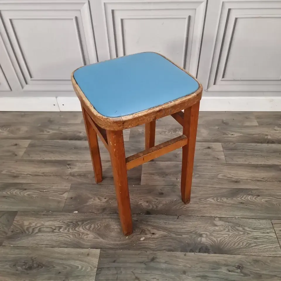 Vintage Utility Kitchen Stool  Blue Vinyl Upholstered Seat Retro Wooden photo furniture