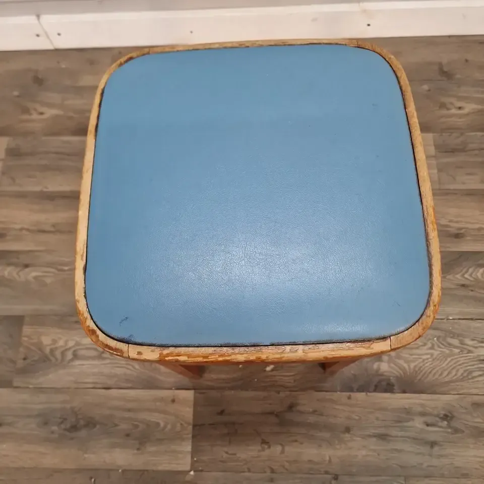 Vintage Utility Kitchen Stool  Blue Vinyl Upholstered Seat Retro Wooden photo 64.0