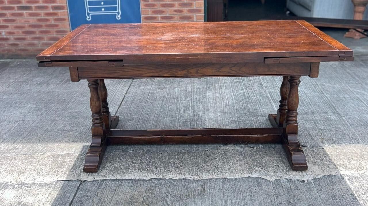 Vintage English Oak Jacobean Style Extending Drawleaf Refectory Dining Table photo furniture