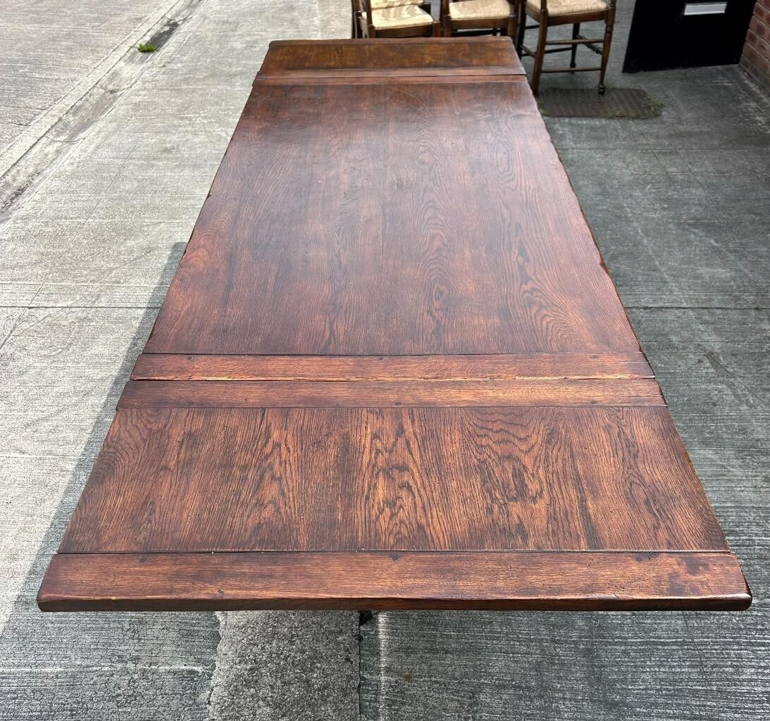 Vintage English Oak Jacobean Style Extending Drawleaf Refectory Dining Table photo 225.0