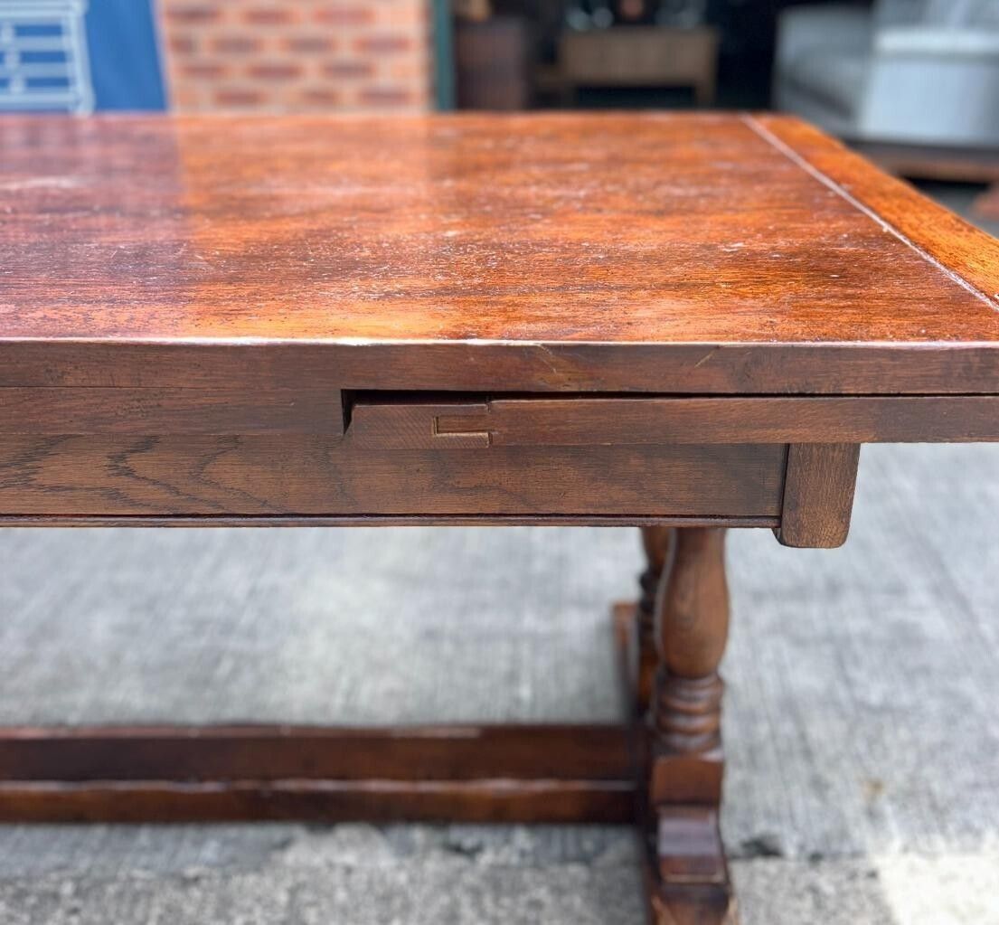 Furniture Vintage English Oak Jacobean Style Extending Drawleaf Refectory Dining Table photo