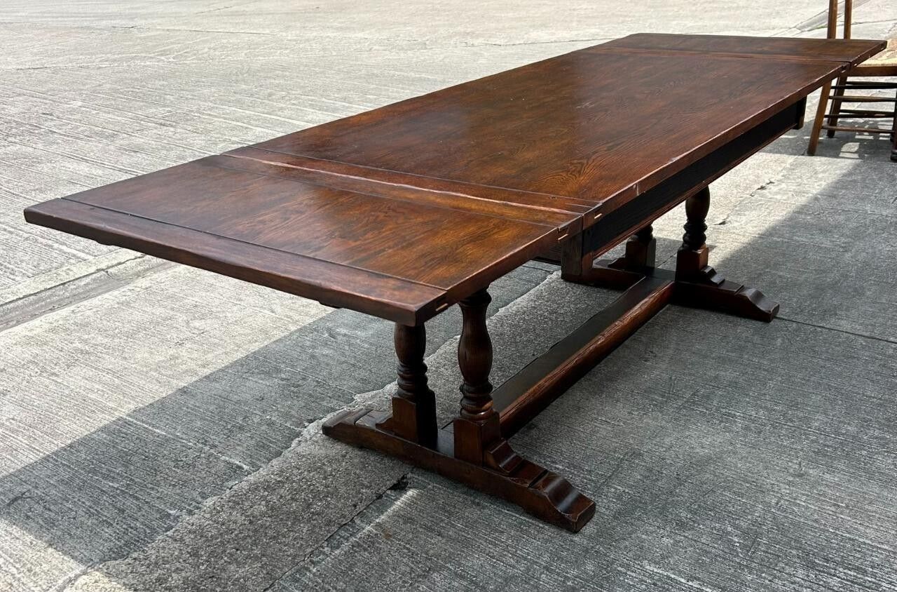 225.0 Vintage English Oak Jacobean Style Extending Drawleaf Refectory Dining Table photo