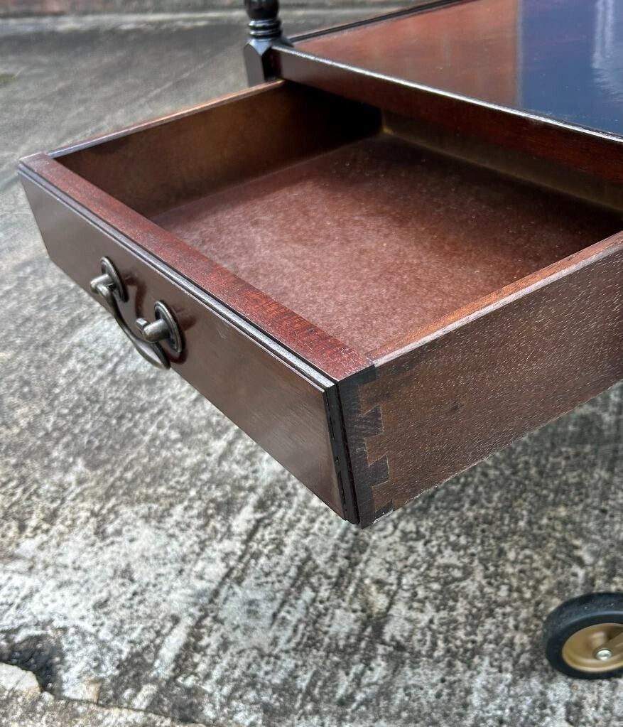 Furniture Vintage Retro Flame Mahogany Two Tier Wheeling Drinks Trolley With Leather Slide photo