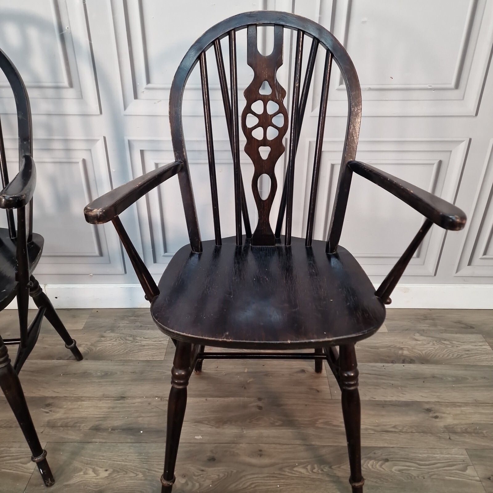 photo for sale Pair Vintage Windsor Armchairs   Wheelback Hoop Back Chairs   Retro Mid Century