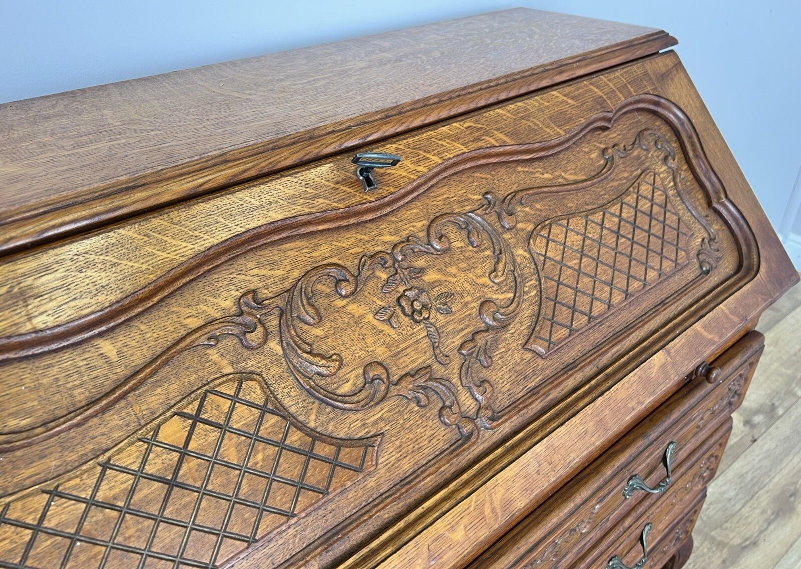 photo vinterior Secretaire Writing Desk Vintage French Louis Oak Rare Bureaux Cabinet Lot 6154