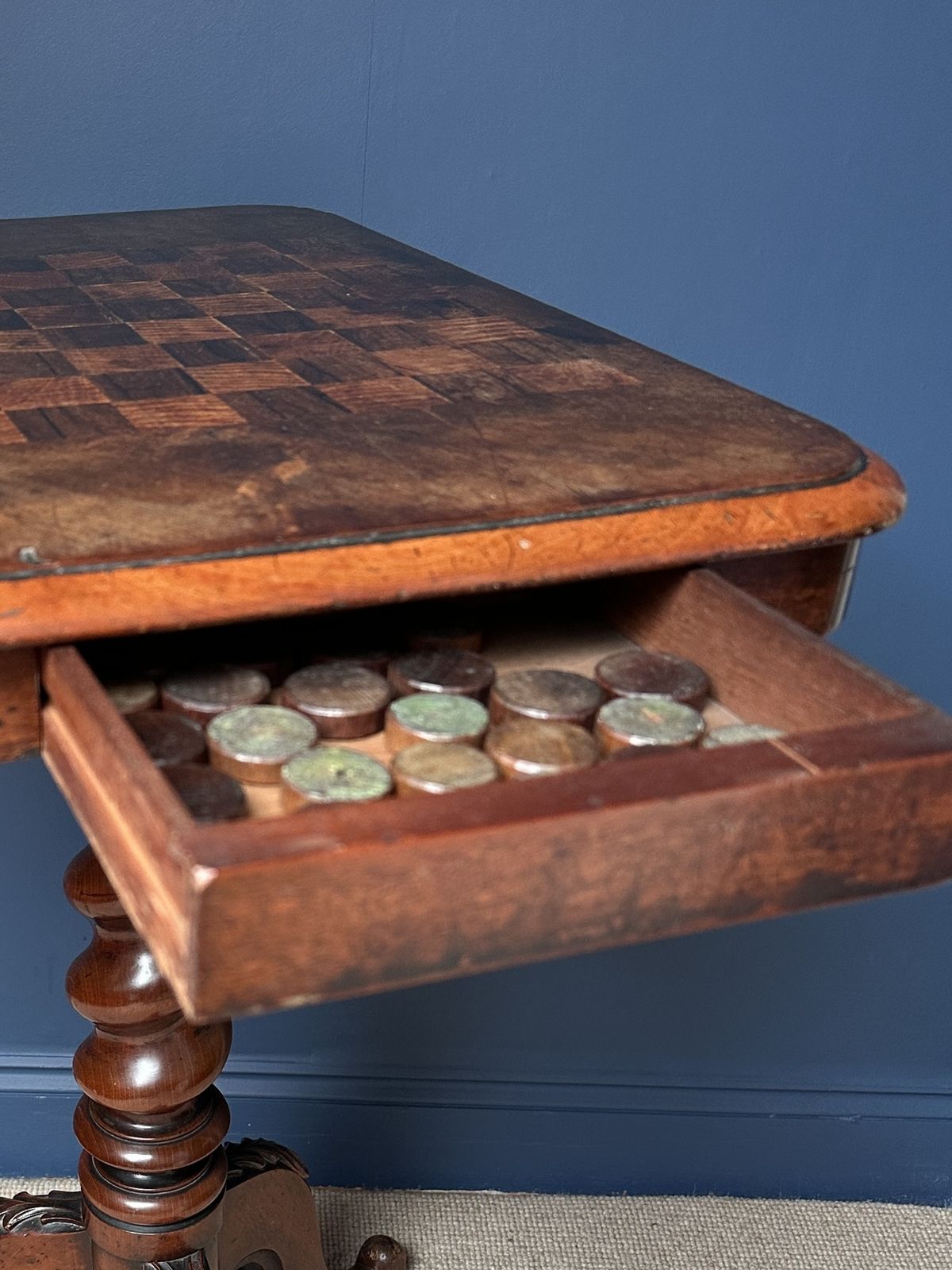 Antique Chess Table With Hidden Drawer photo for sale