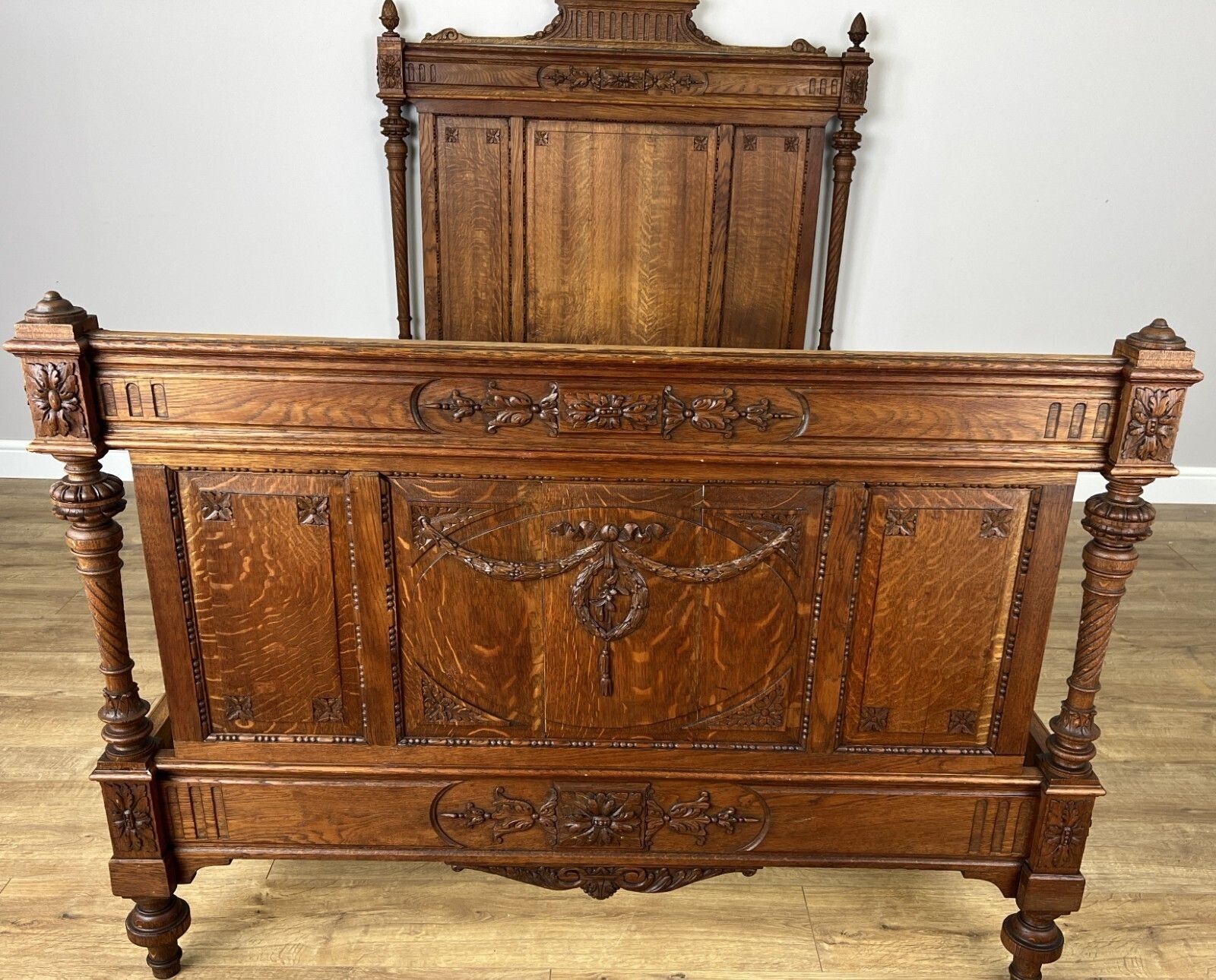 Bed Antique French Style Oak Double Bed Frame Carved Headboard Lot 6151 photo for sale