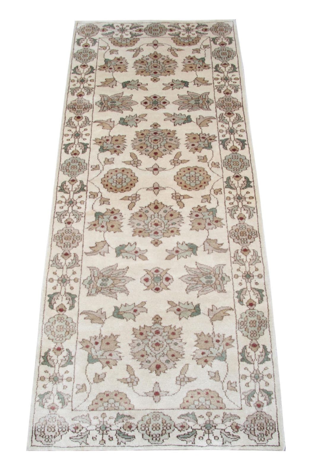 Vintage beige loper, bloemmotief wol koffiebruin tapijt loper Zeigler. photo for sale