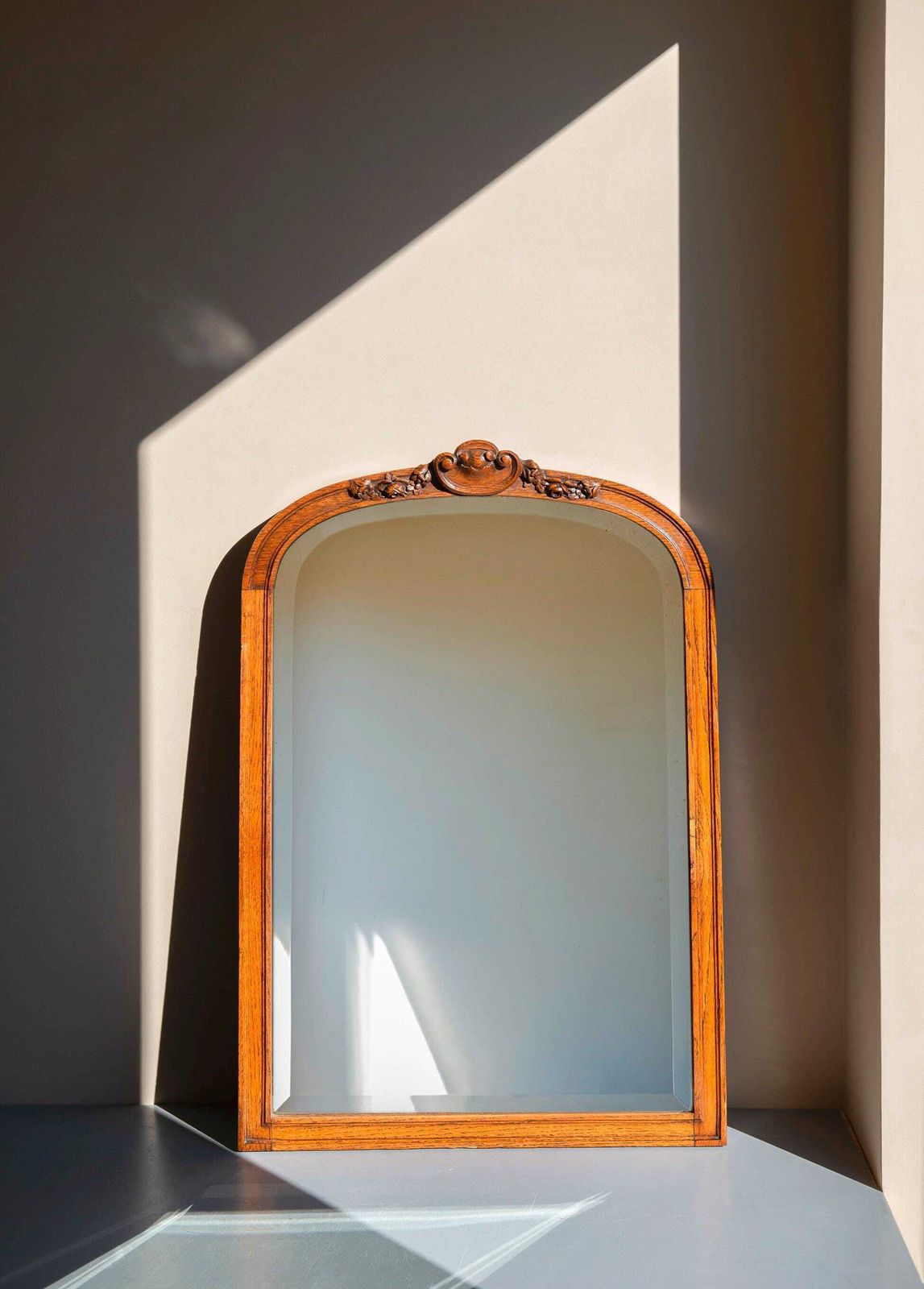 Antique Arched Oak Wall Mirror Dutch Art Deco Mirror Carved Wooden Hallway Mirror   1920s photo for sale