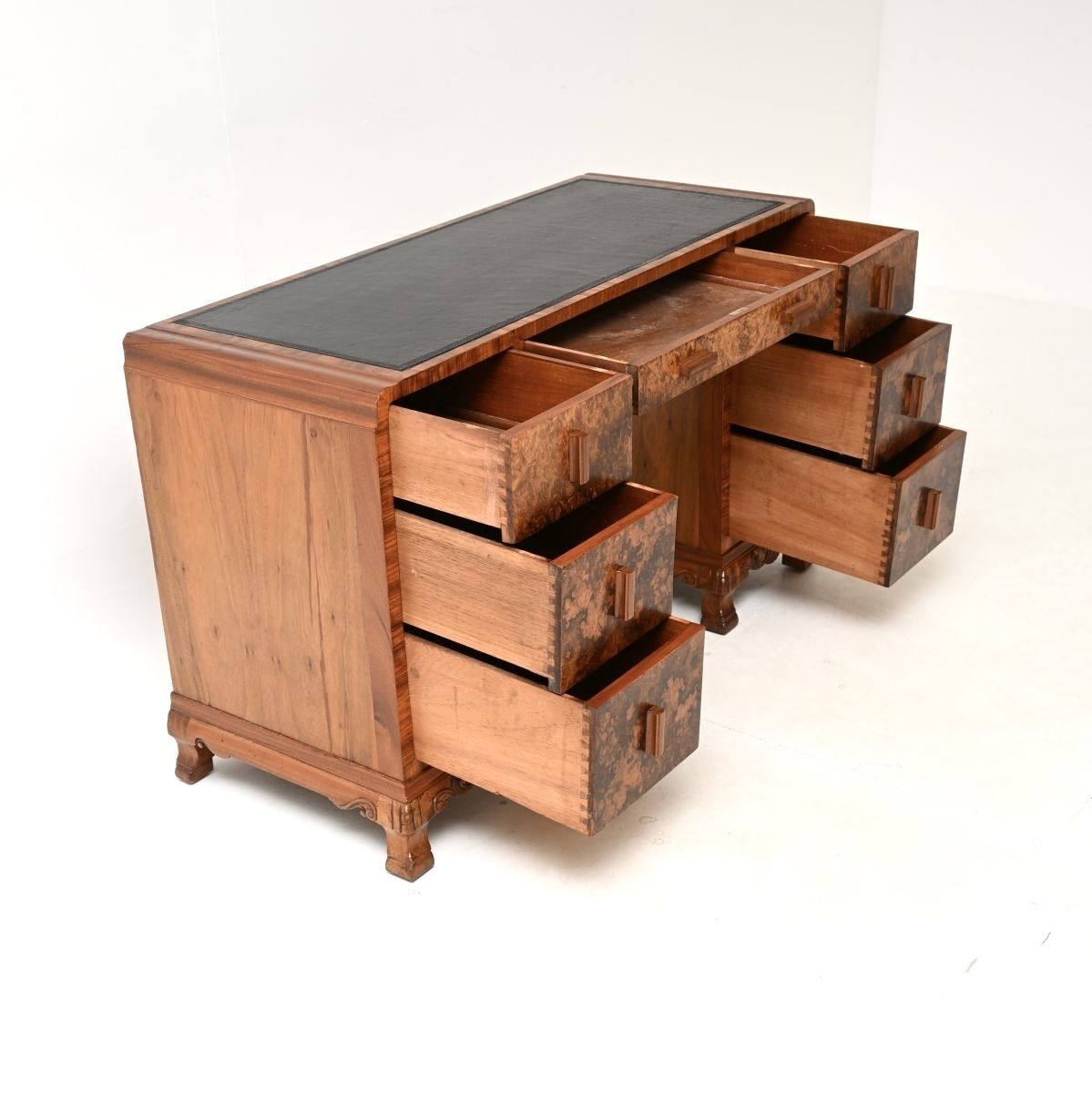 Art Deco Burr Walnut Leather Top Desk. photo vintage