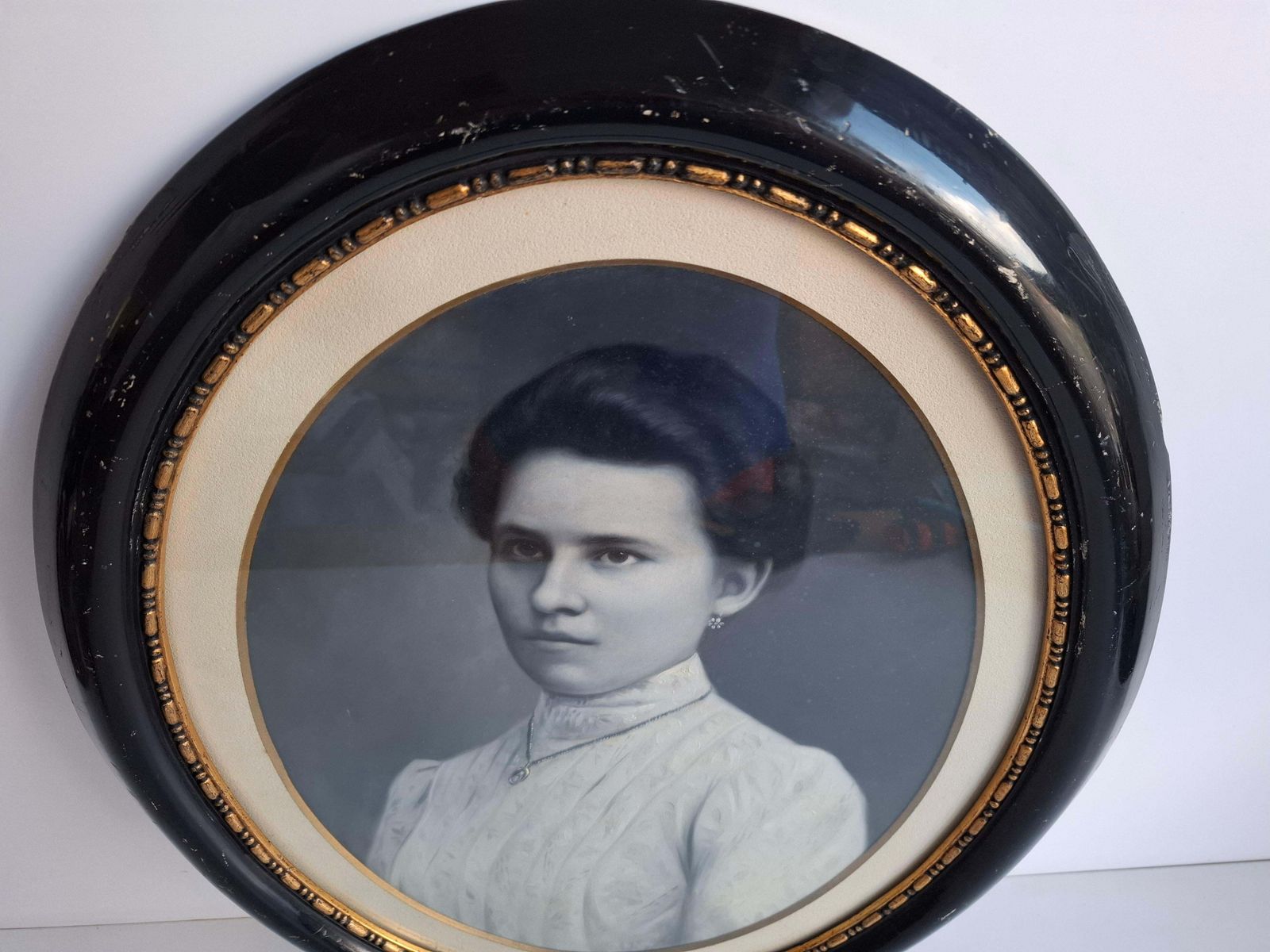 533.0 Antique Czech Oval Portrait Of Young Woman In Original Black And Gilt Frame photo