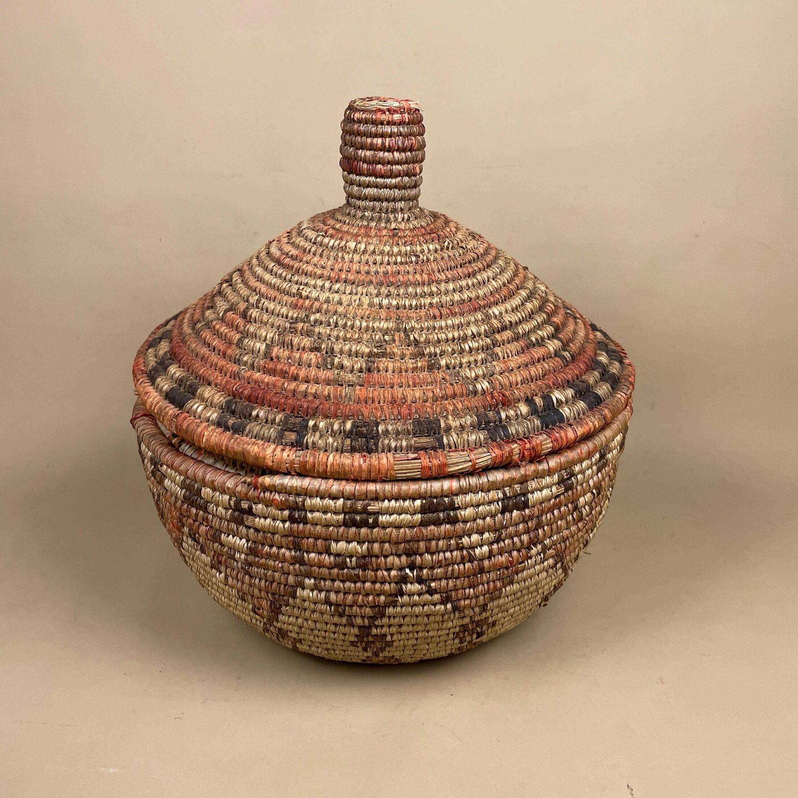 Vintage African Lidded Basket Coiled Grass Storage Basket Boho Decor Beige Red Dye Bolga Style Fetchedfrom      5 Out Of 5 Stars