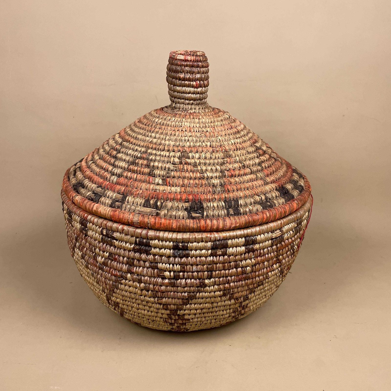 photo furniture Vintage African Lidded Basket Coiled Grass Storage Basket Boho Decor Beige Red Dye Bolga Style Fetchedfrom      5 Out Of 5 Stars