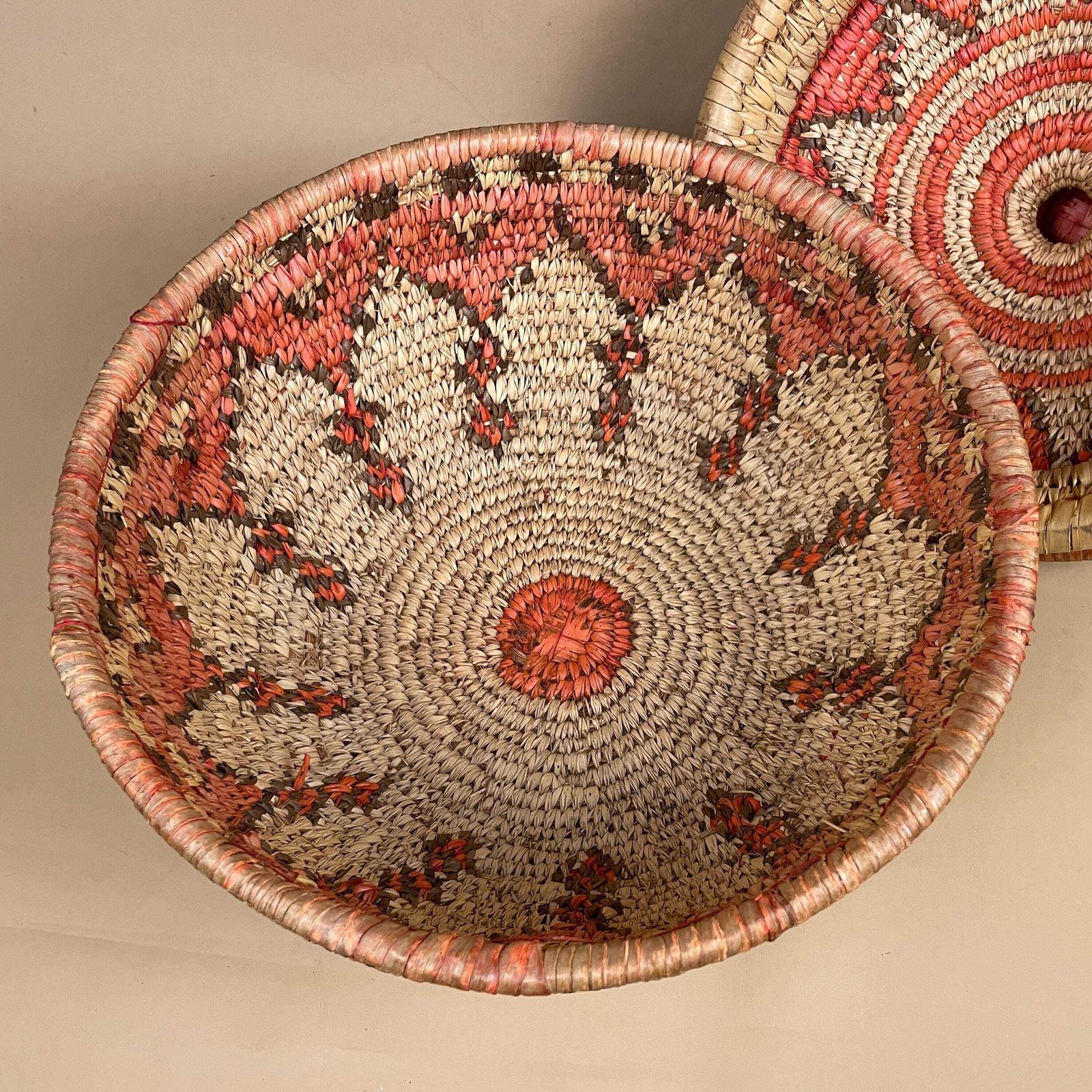 photo vinterior Vintage African Lidded Basket Coiled Grass Storage Basket Boho Decor Beige Red Dye Bolga Style Fetchedfrom      5 Out Of 5 Stars