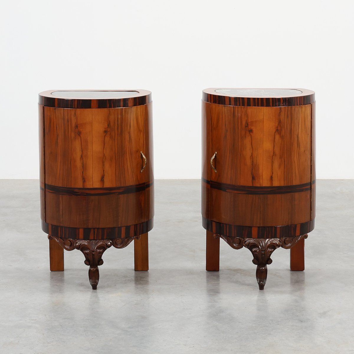 Art Deco Walnut And Marble Nightstands, Italy, 1920s, Set Of 2
