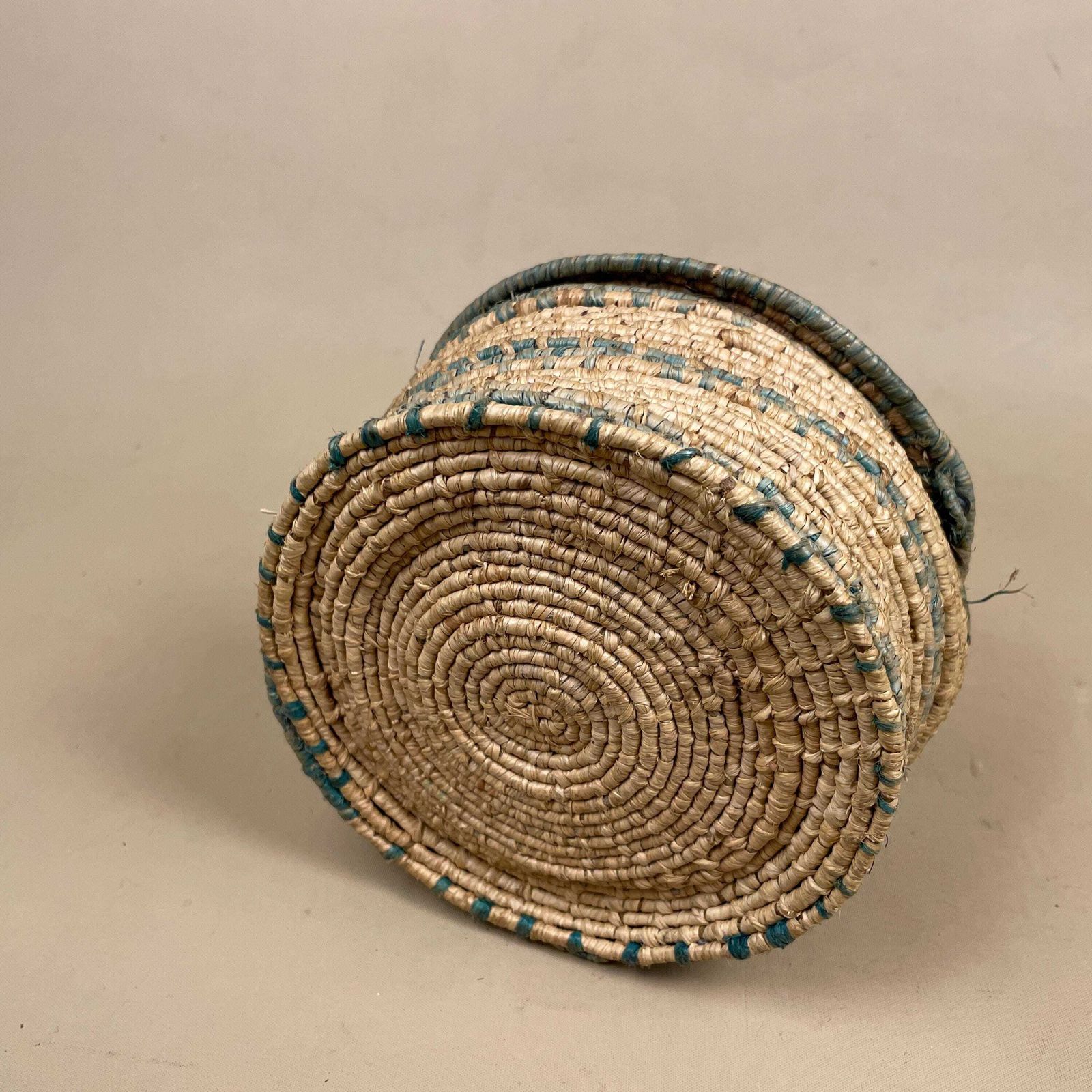 Lidded Woven Basket Blue Coiled Palm Leaf Natural Fibre Storage Boho Handmade Slouchy Vintage photo vintage