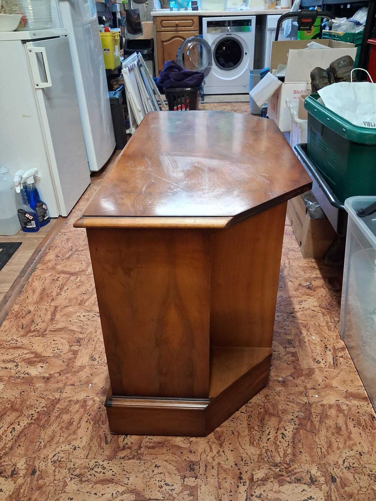 Reproduction Yew Veneer Wood Tv Media Stand 1 Drawer Open Sections Canted photo for sale