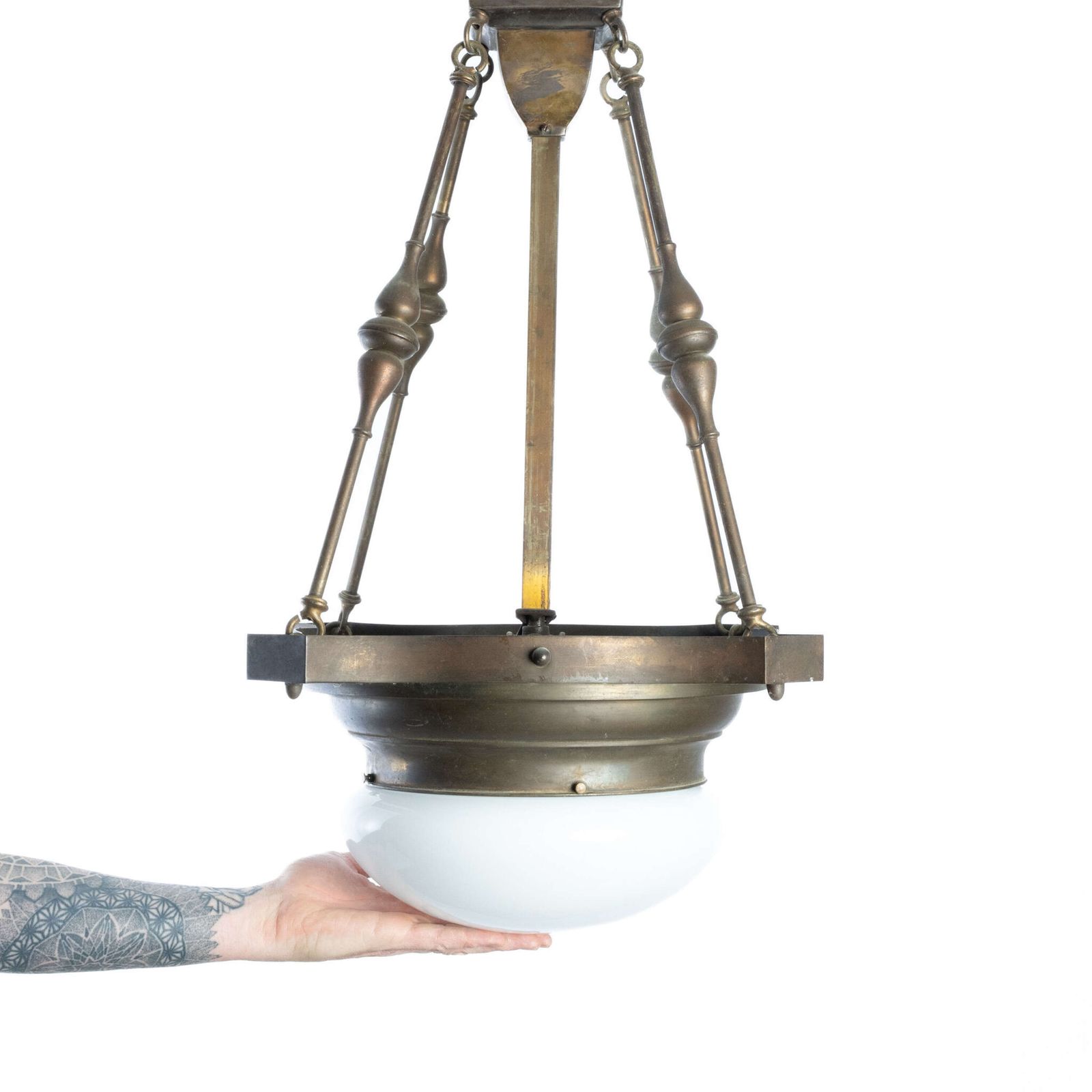 Large Pair Of English Copper And Brass Opaline Art Deco Ceiling Pendant Lights. photo furniture