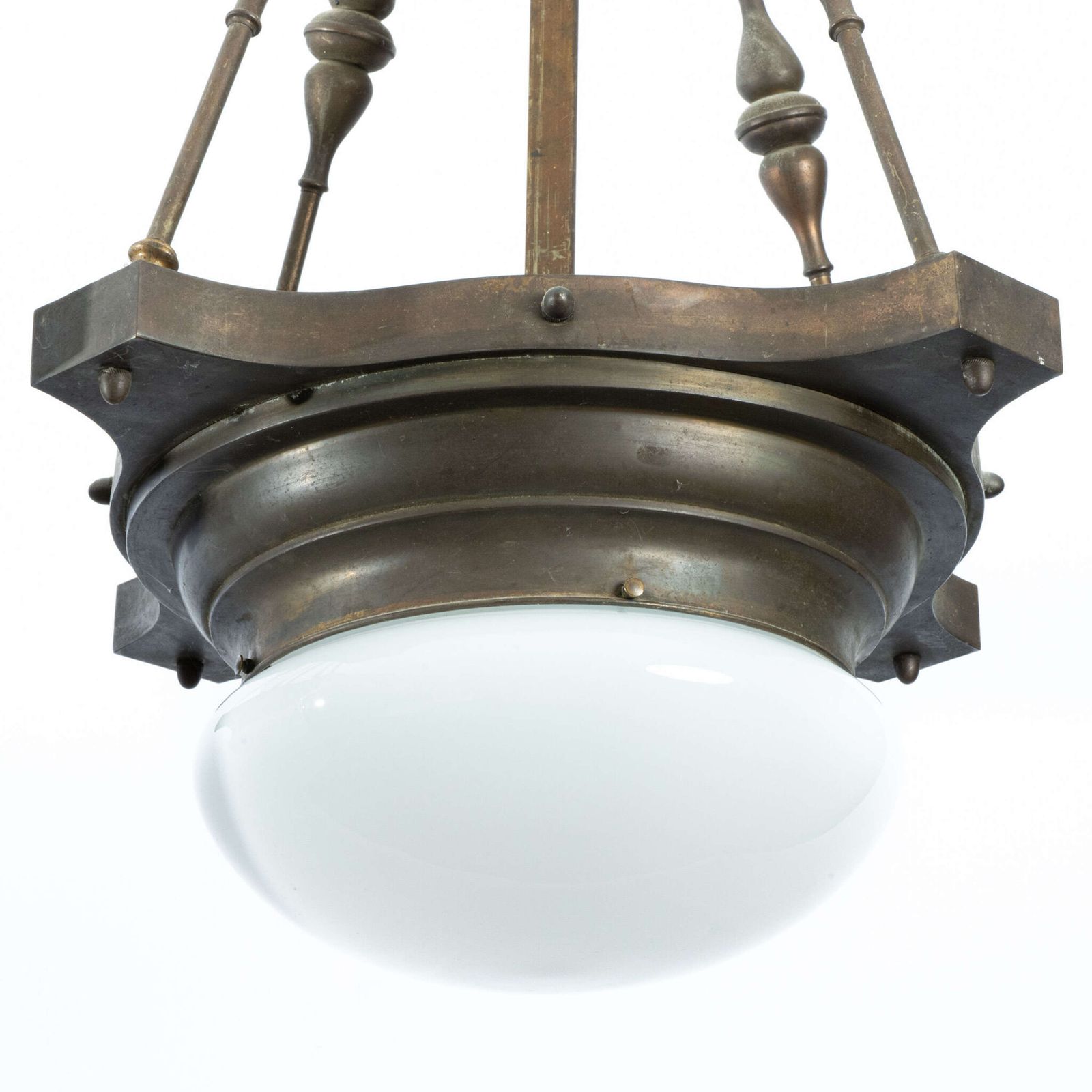 Large Pair Of English Copper And Brass Opaline Art Deco Ceiling Pendant Lights. photo for sale