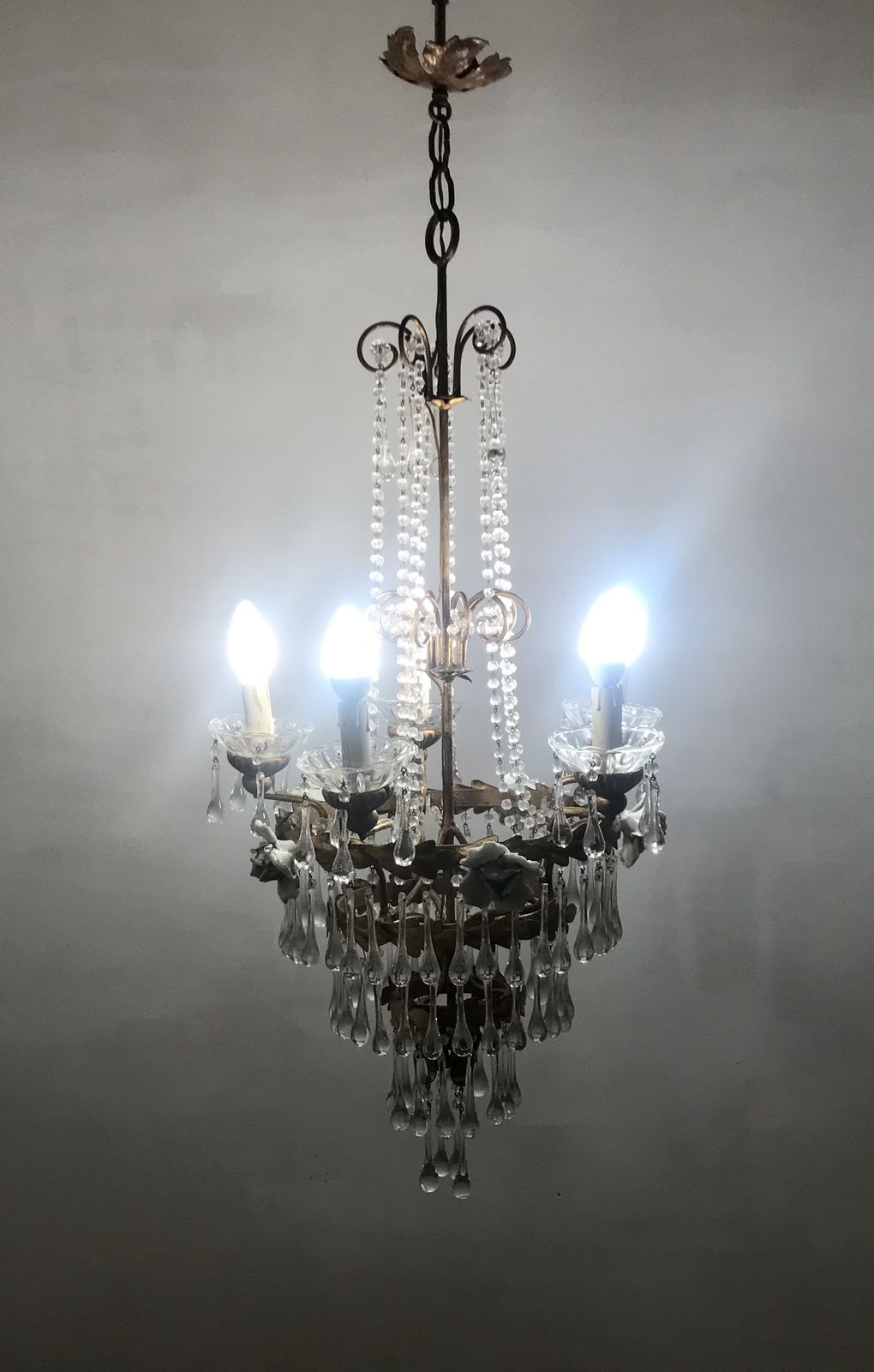 Antique Gold Gilded Murano Glass Pendant Chandelier With Porcelain Roses photo Lighting
