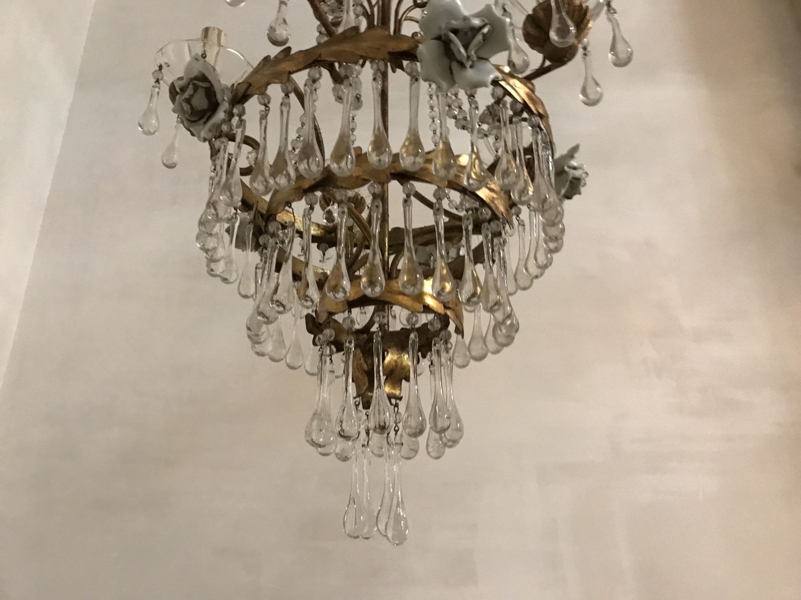 Antique Gold Gilded Murano Glass Pendant Chandelier With Porcelain Roses photo vintage