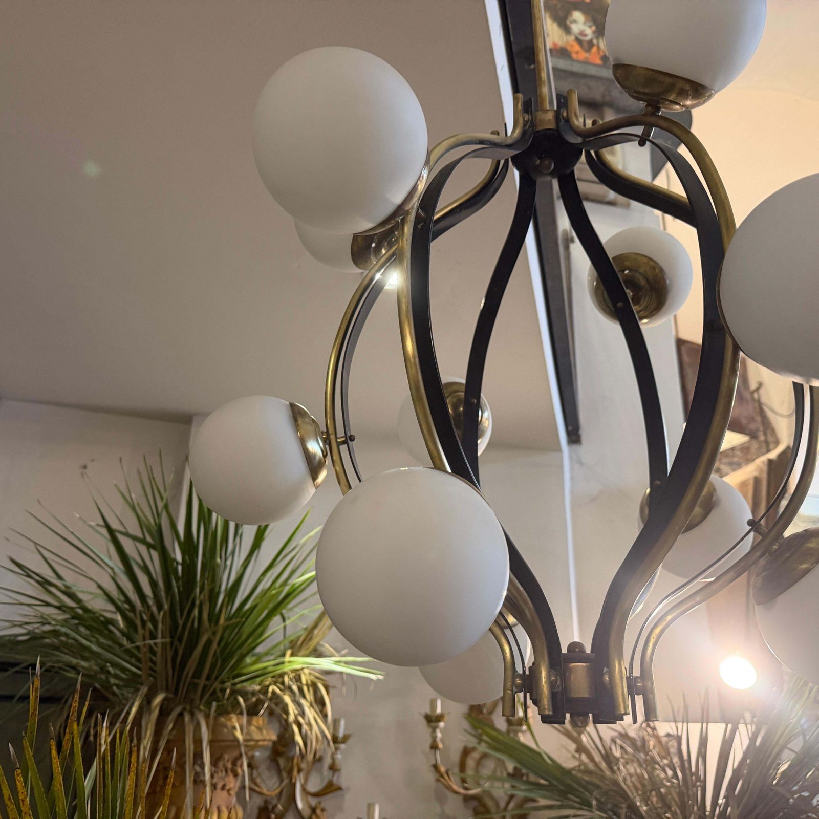 Lighting 1950s Mid  Century Modern Brass And White Glass 12 Lights Chandelier By Stilnovo photo