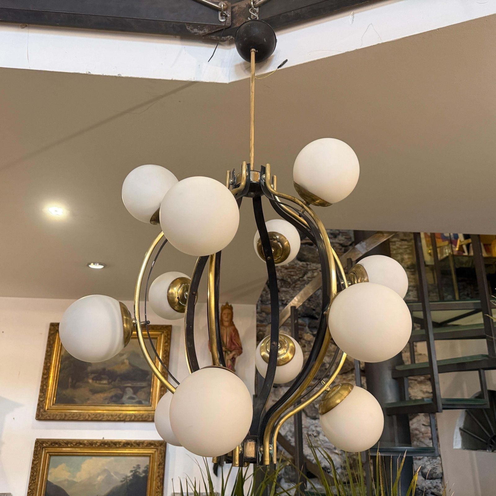3473.0 1950s Mid  Century Modern Brass And White Glass 12 Lights Chandelier By Stilnovo photo
