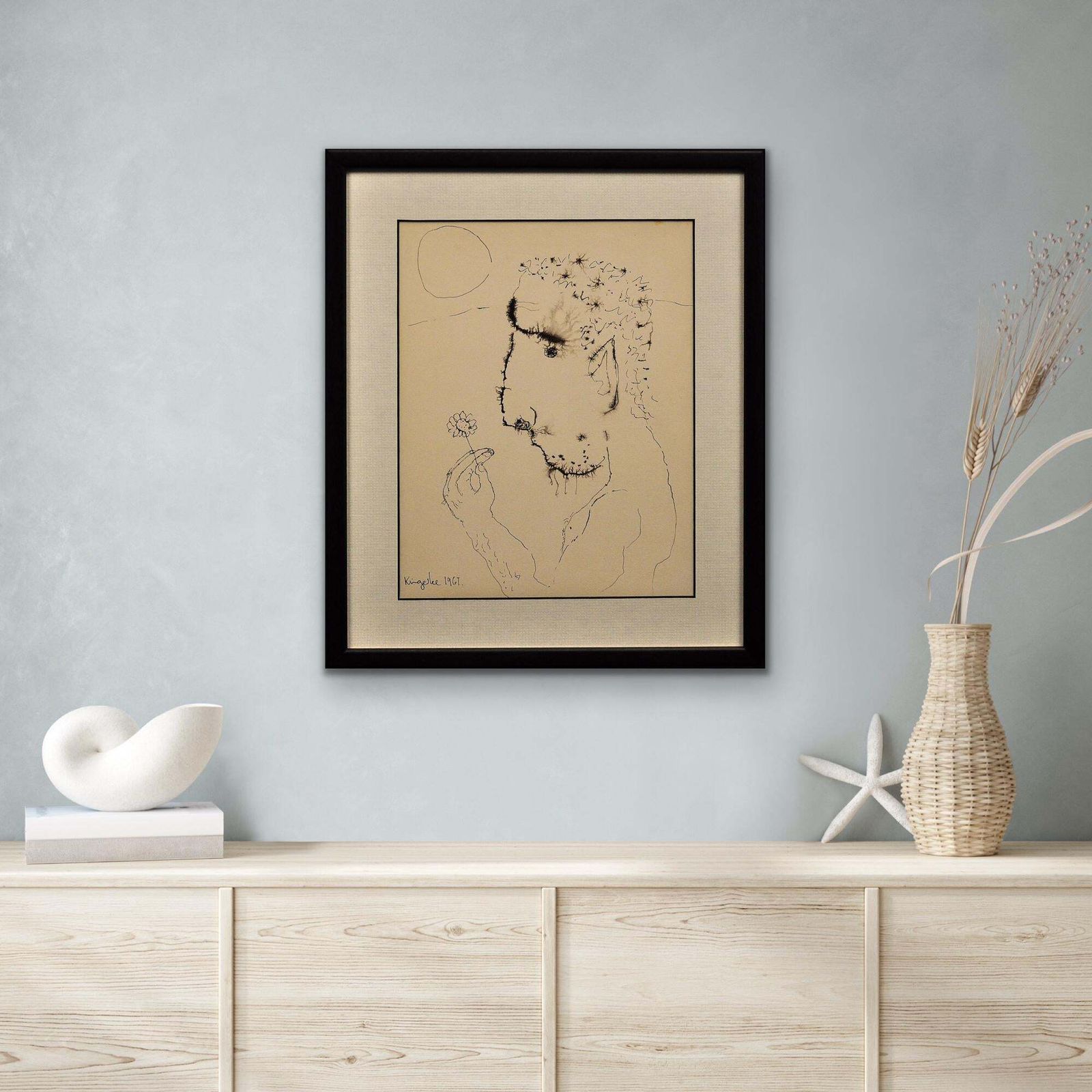 photo for sale John Kingerlee B.1936. Irish. John, A Self Portrait. Framed Modern British Mid 20th Century Ink On Paper Flower Power Drawing Dated 1967.