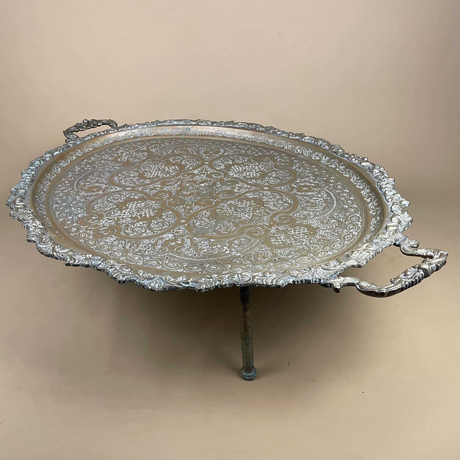 Large Ornate Serving Tray Footed Silverplate Butler Tea Platter With Handles Antique Hollywood Regency Centerpiece Home Decor photo vintage