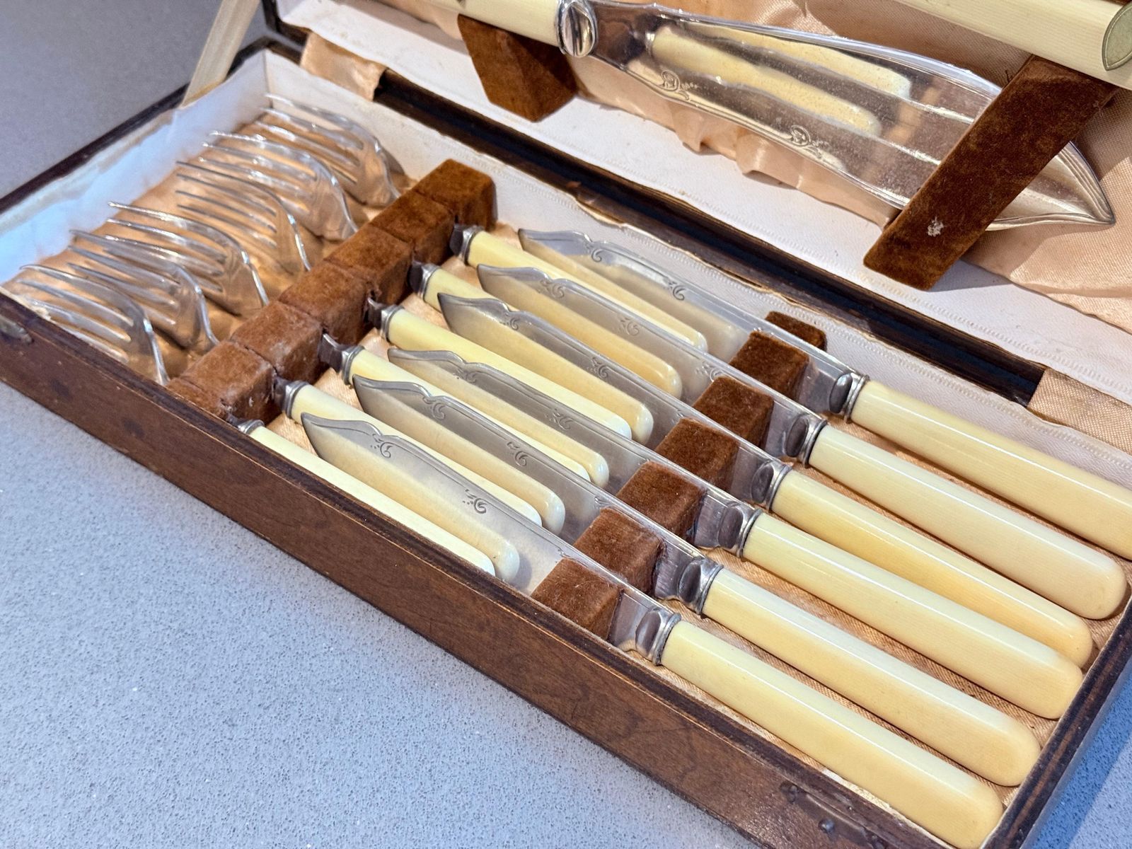 631.0 Verzilverd Visbestek met Imitatie-ivoren Handvatten, Antieke Doos photo