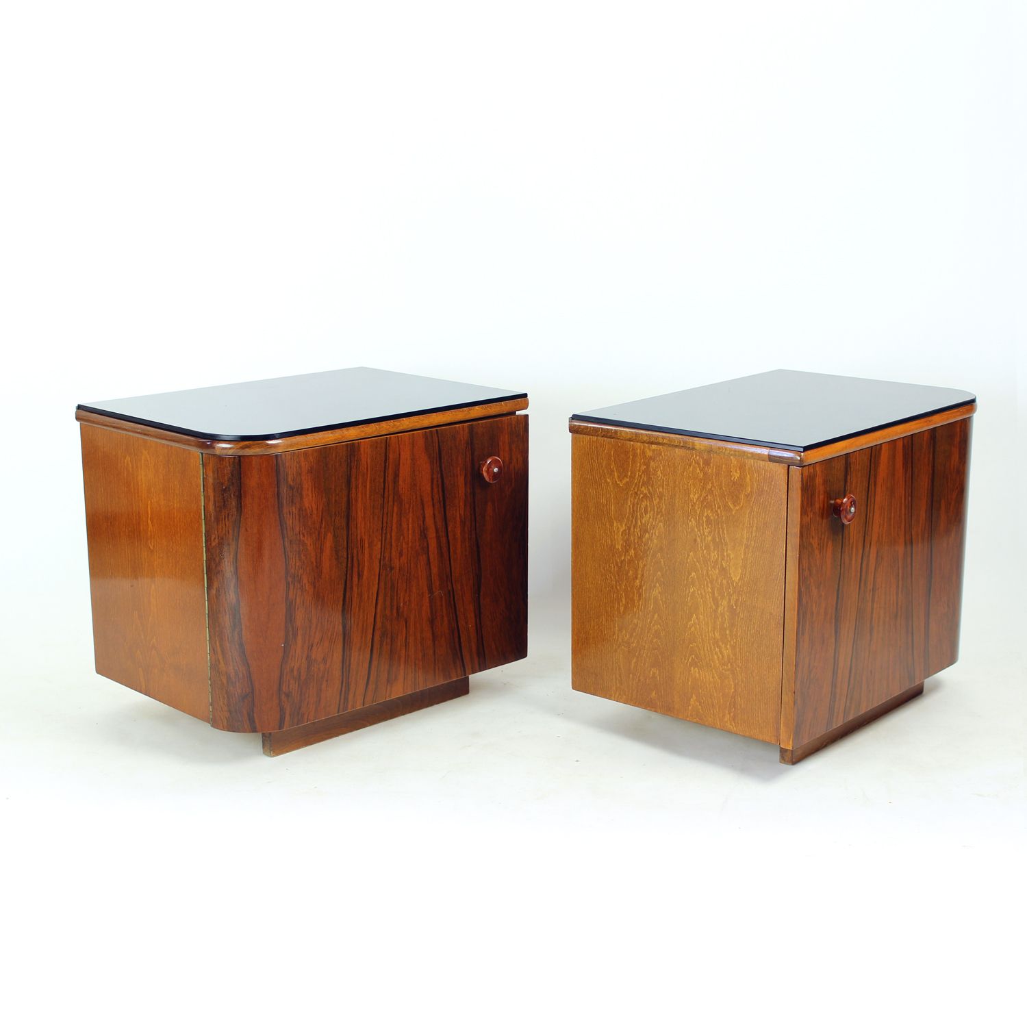 Pair Of Art Deco Bedside Tables In Walnut And Black Glass, Czechoslovakia, 1940s photo Furniture