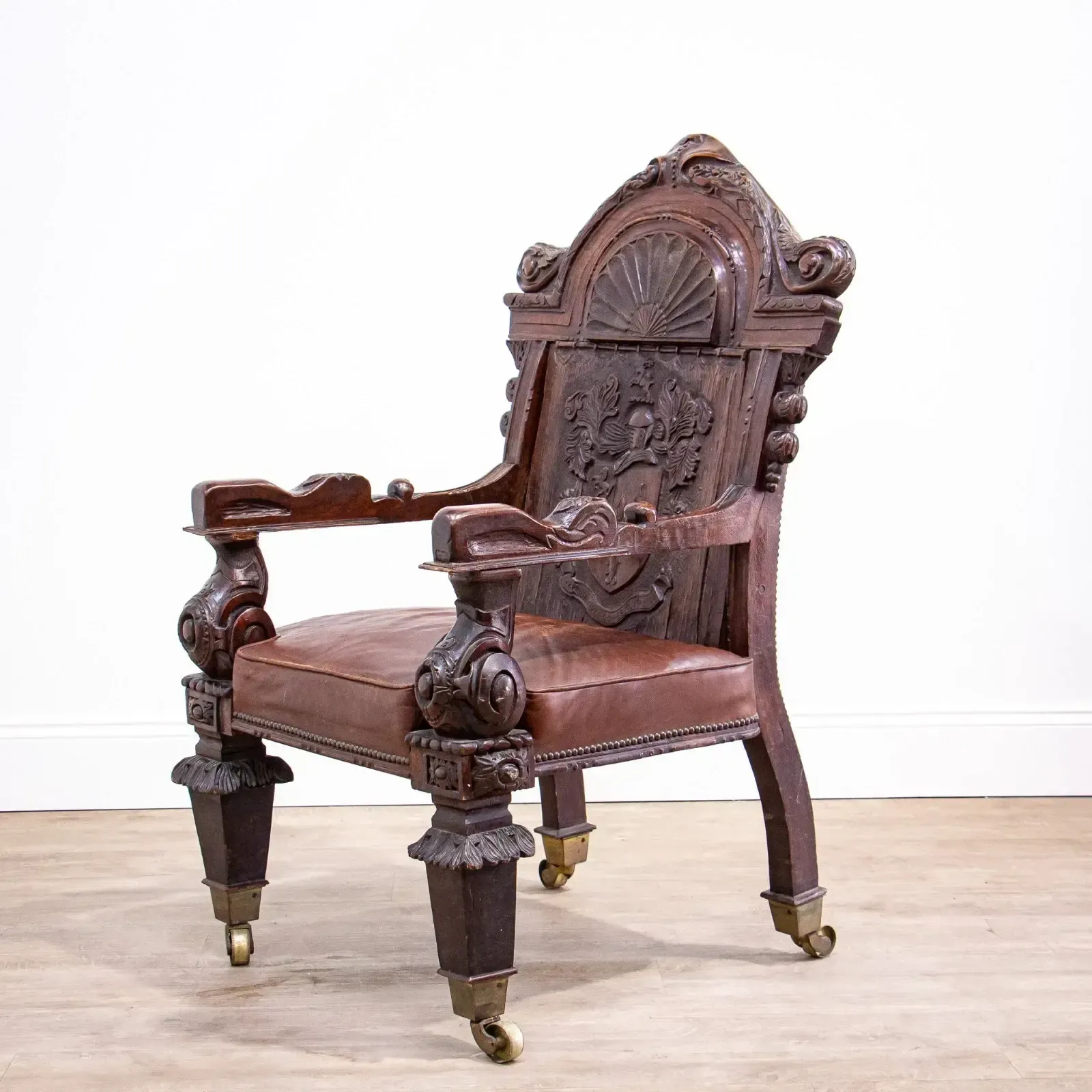 Carved Oak Throne Armchair With Leather Seat photo vintage