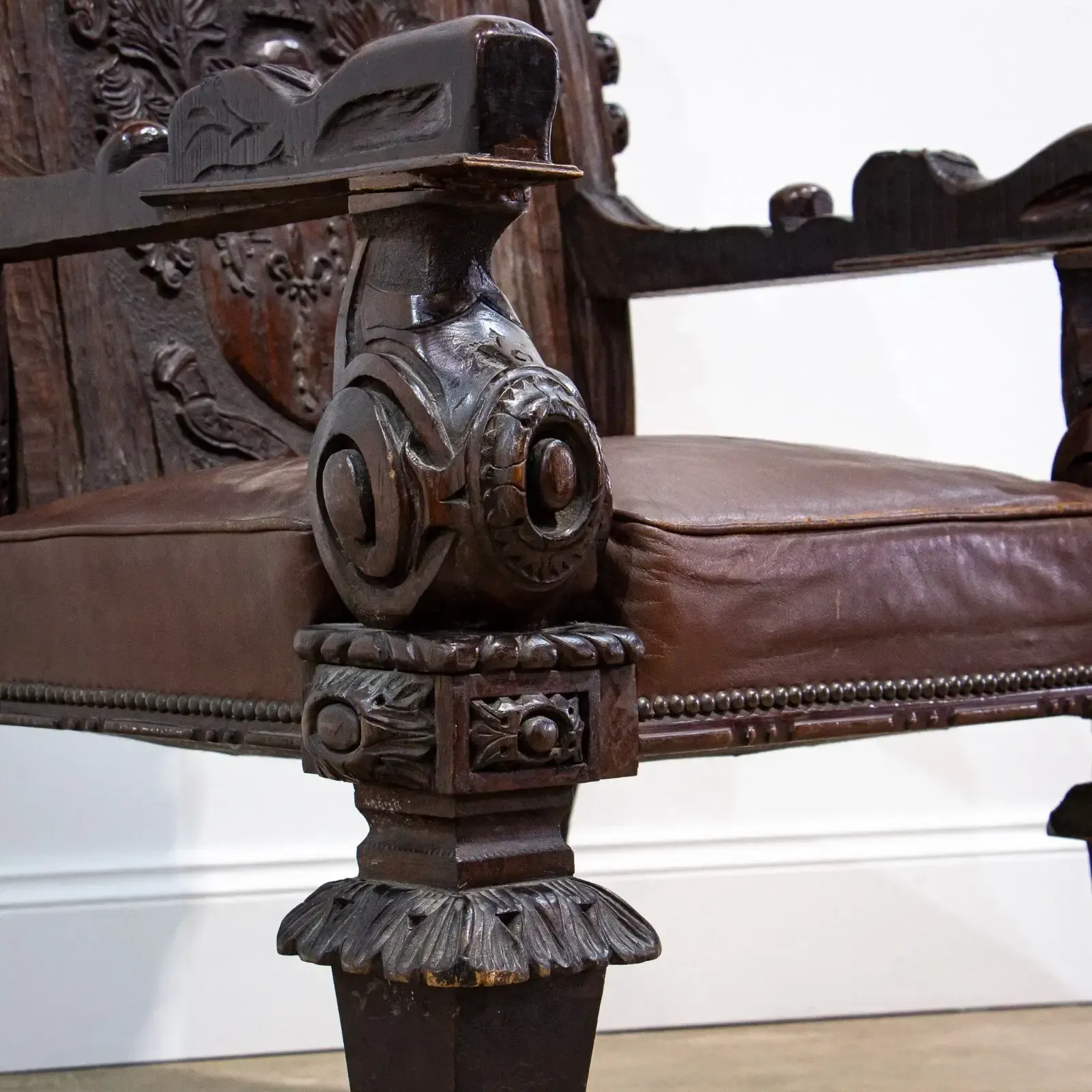 photo for sale Carved Oak Throne Armchair With Leather Seat