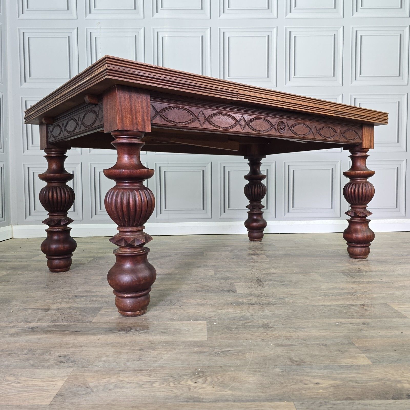 Antique Walnut Dining Table   Large Extending Parquetry Top   Solid Wood Carved photo furniture