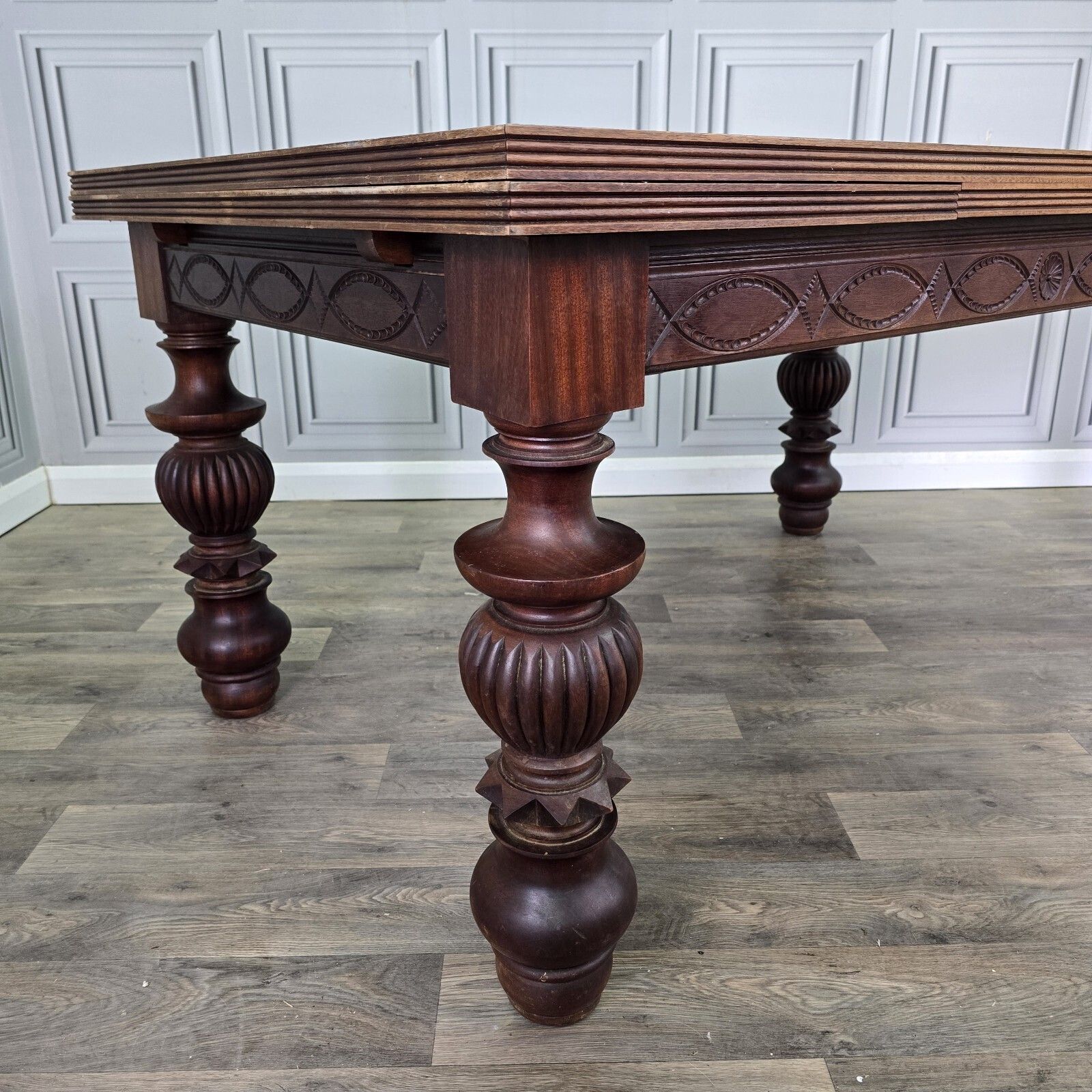 Antique Walnut Dining Table   Large Extending Parquetry Top   Solid Wood Carved photo vinterior