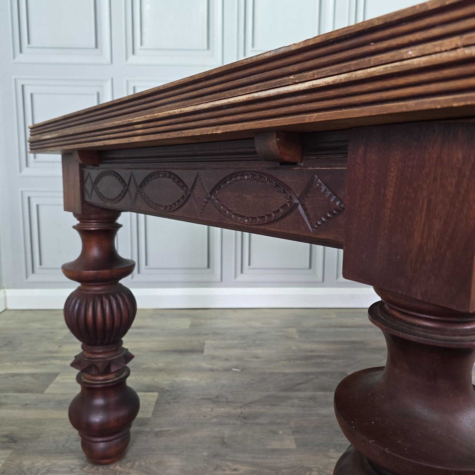 Antique Walnut Dining Table   Large Extending Parquetry Top   Solid Wood Carved photo vintage