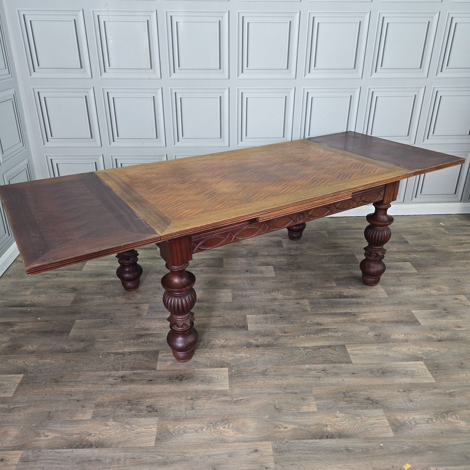 photo for sale Antique Walnut Dining Table   Large Extending Parquetry Top   Solid Wood Carved