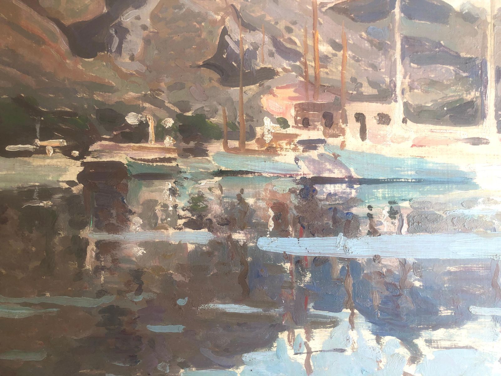 Josep Puigdengolas, port méditerranéen à Pollensa, Majorque, voiliers et reflets, huile, vers 1975 photo buy