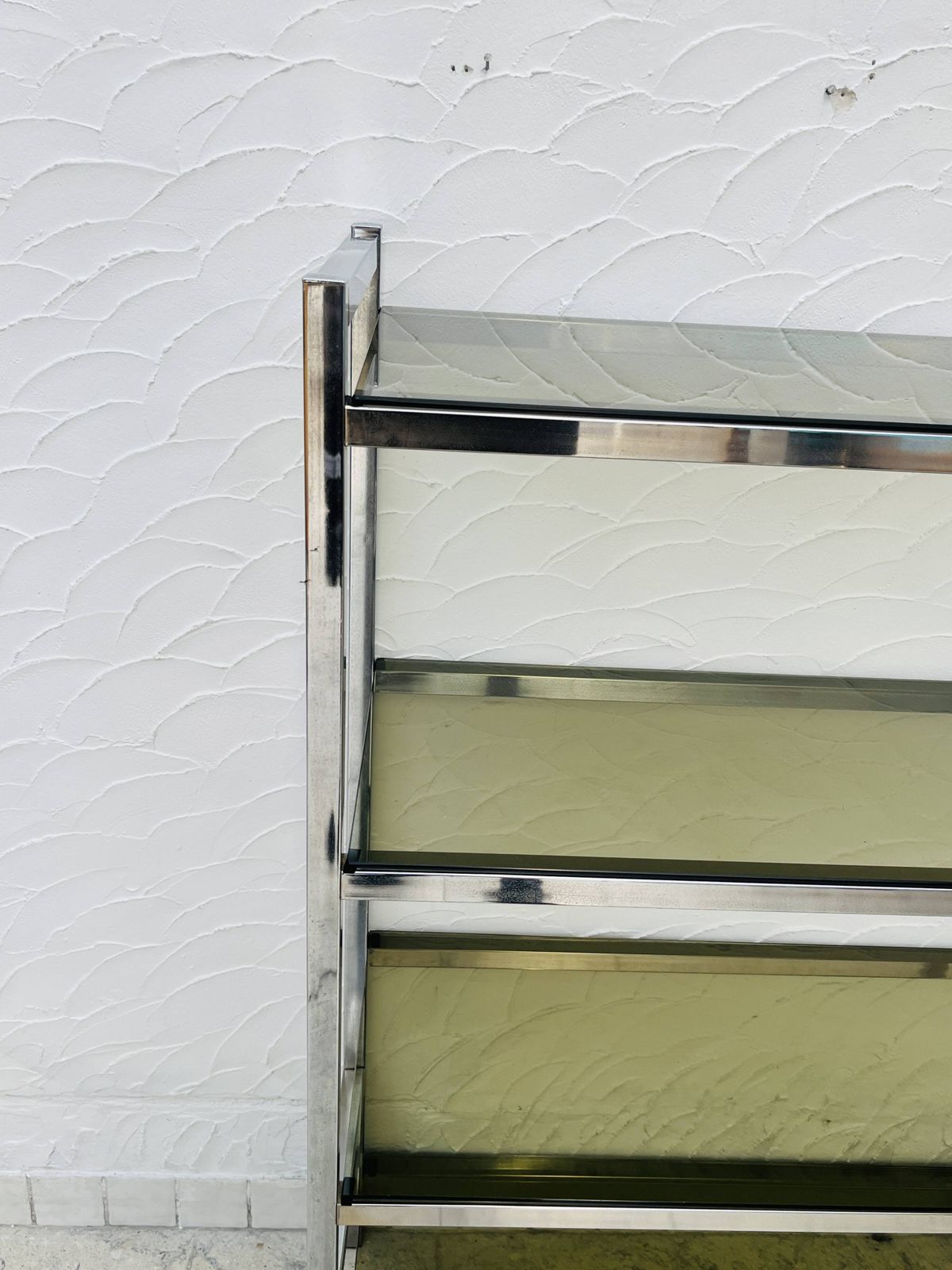 Furniture Chrome And Smoked Glass Designer Shelf In Italian Style From The 1970s photo
