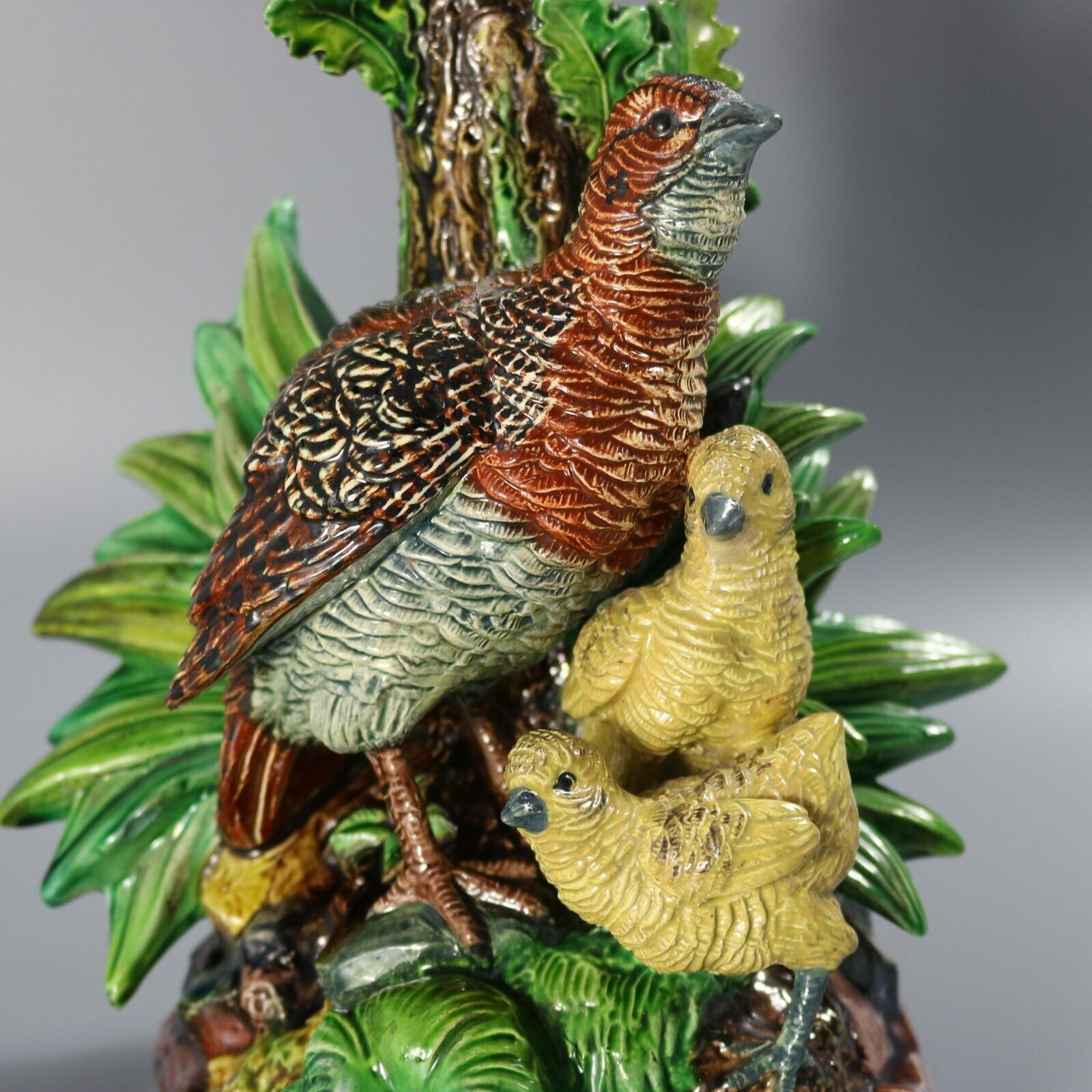 photo for sale Hugo Lonitz Majolica Patrijs met Kuikens Kandelaarbasis