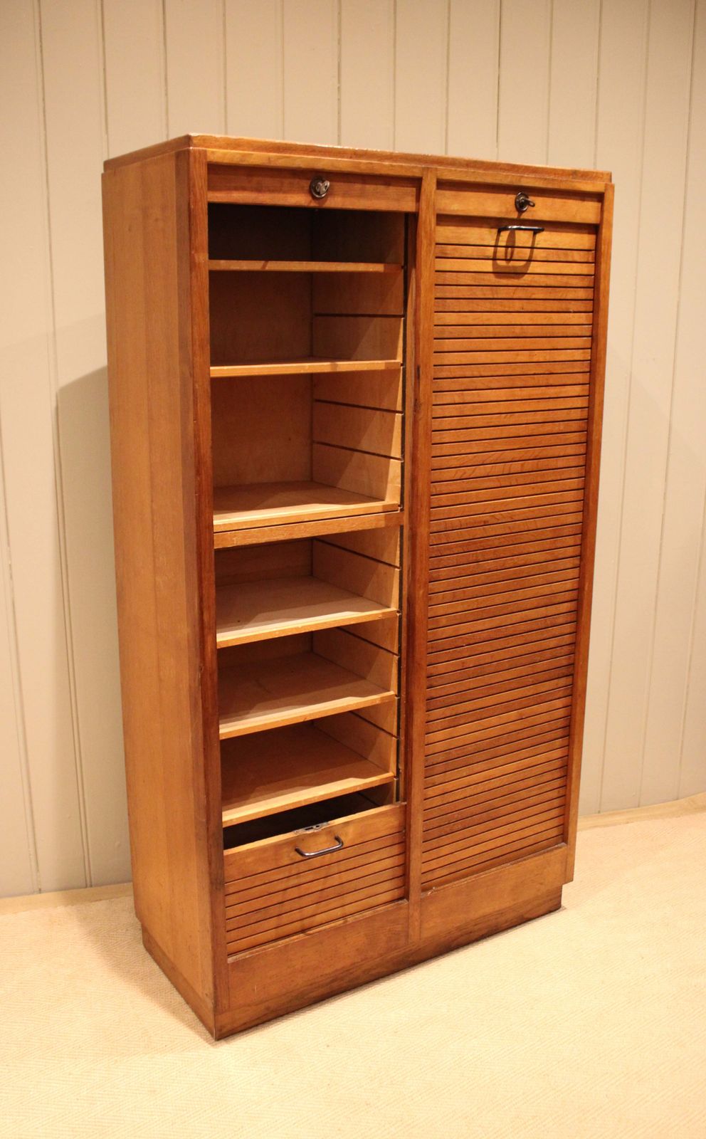 French Oak Double Tambour Front Filing Cabinet photo vintage