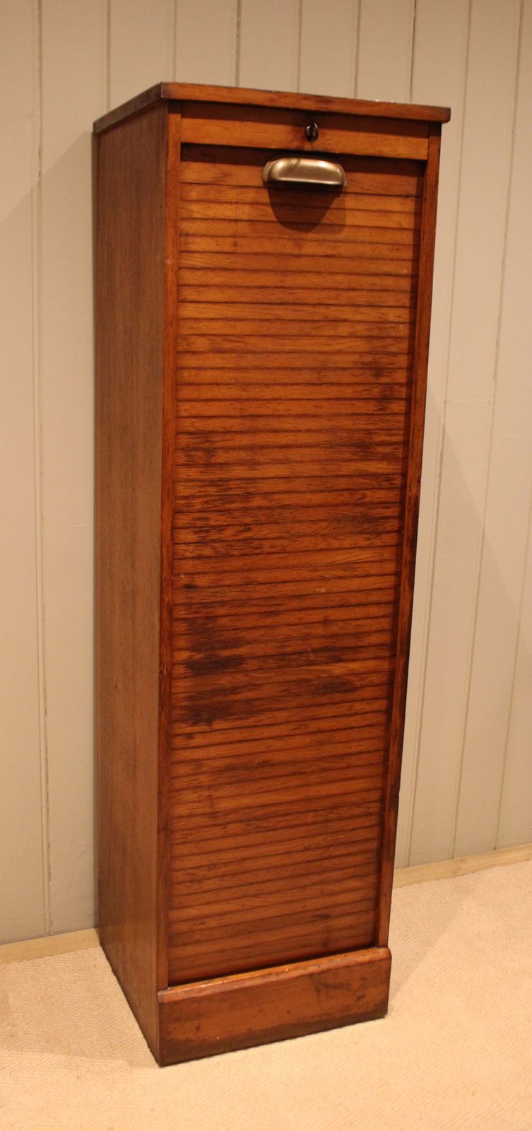 Single French Oak Tambour Front Filing Cabinet