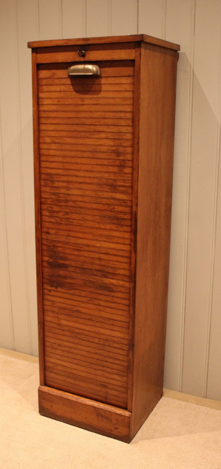 Single French Oak Tambour Front Filing Cabinet photo for sale