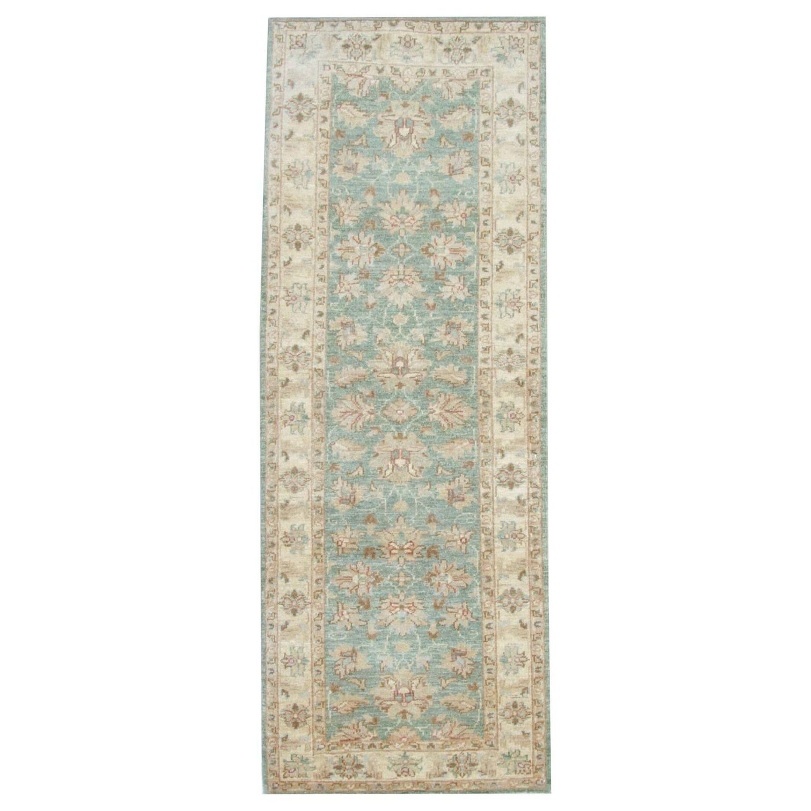 Chemin de couloir vintage crème et vert, tapis de couloir en laine beige Zeigler