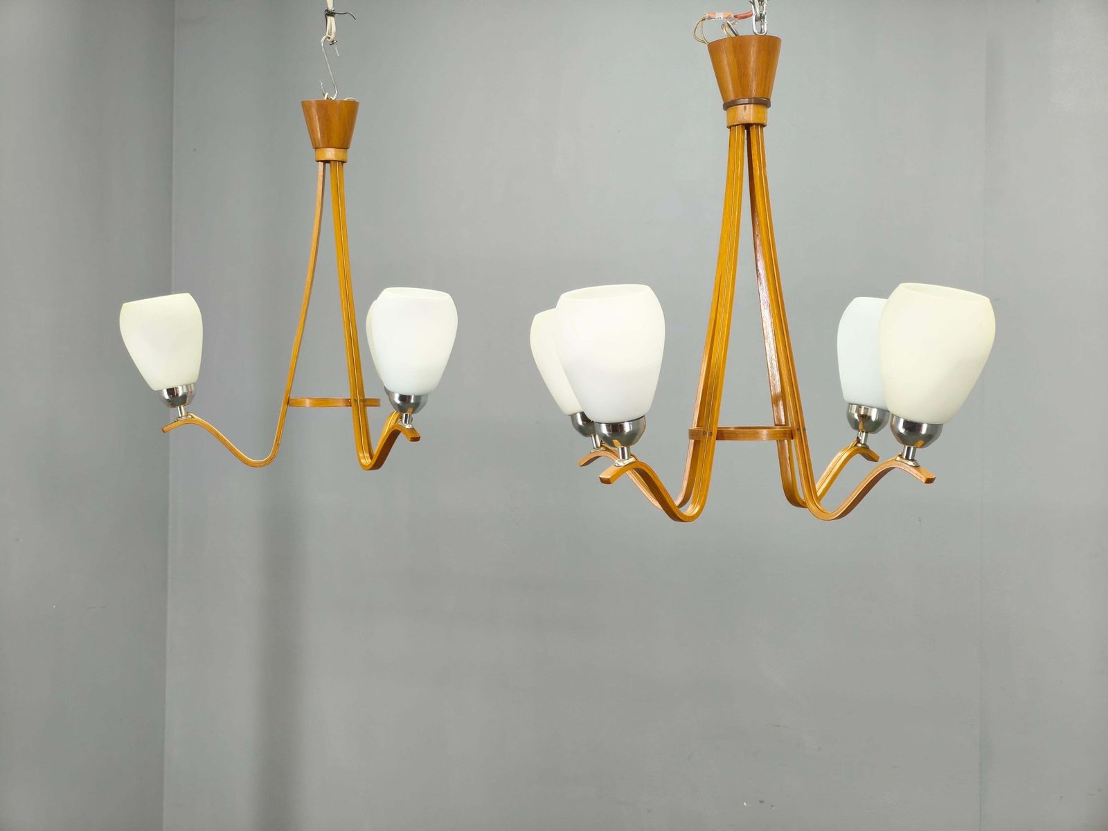 Pair Of Czech Mid Century Wood And Glass Chandeliers By Dřevo Humpolec photo furniture